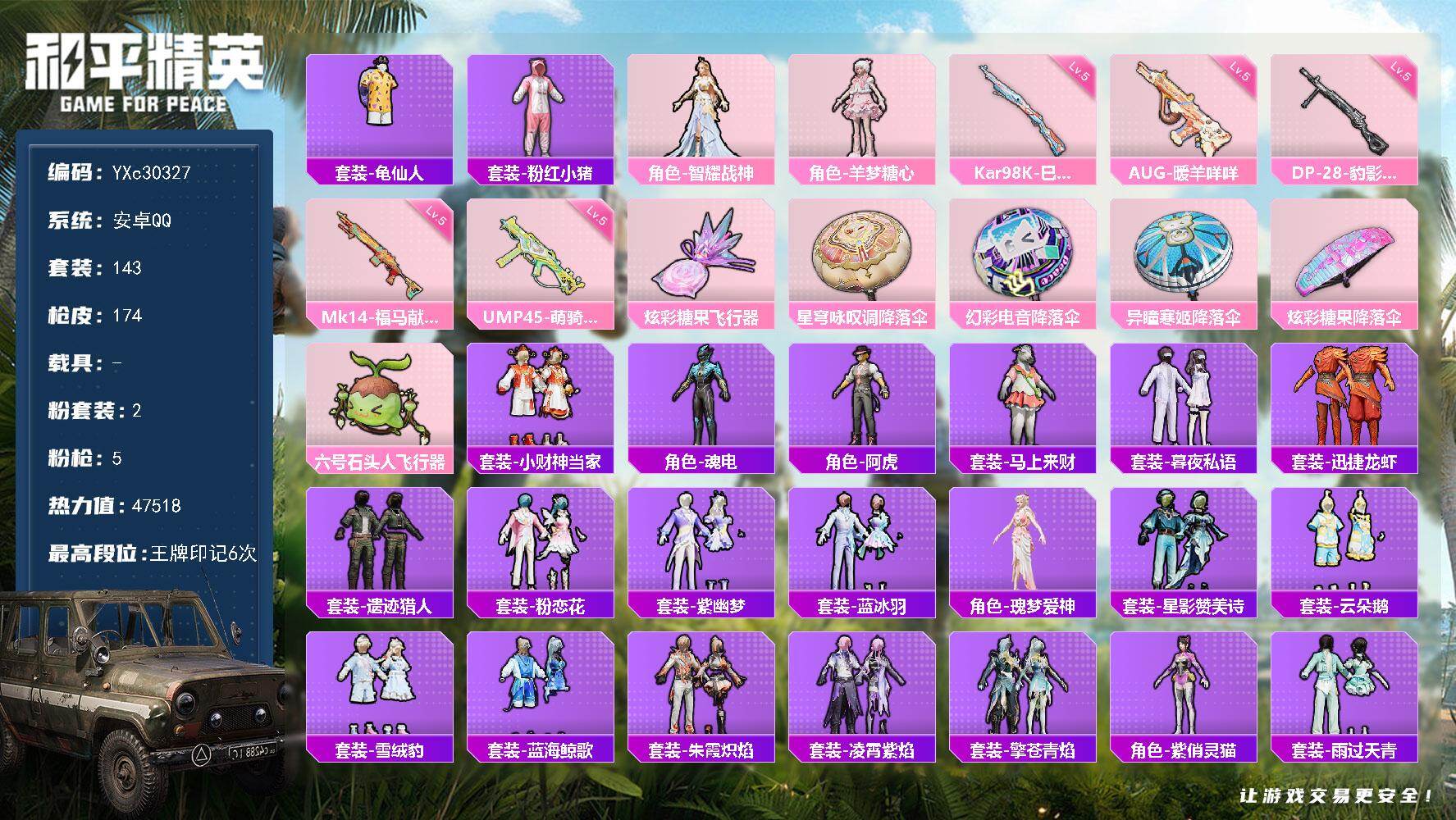 和平精英账号安卓QQ0载具-143套装-174枪皮-【智耀战神】YXc30327-【无二次协助处理】【因赛季更新游戏段付以上号为准!】
 安卓Q-2粉装5特效枪9热门143套装174枪皮  6印记 历史卓越王牌11星 
