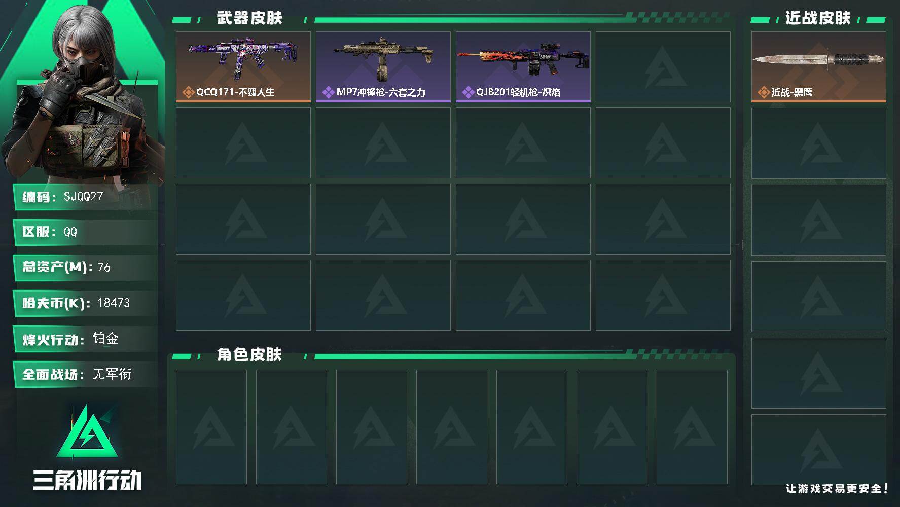三角洲行动账号QQ【SJQQ27】总资产76M/哈夫币1847万/传说枪皮数1/战场等级1/行动等级36/安全箱等时效性道具以游戏内数据为准，详情请看图/近战-黑鹰/QCQ171冲锋枪-不羁人生/MP7冲锋枪-六套之