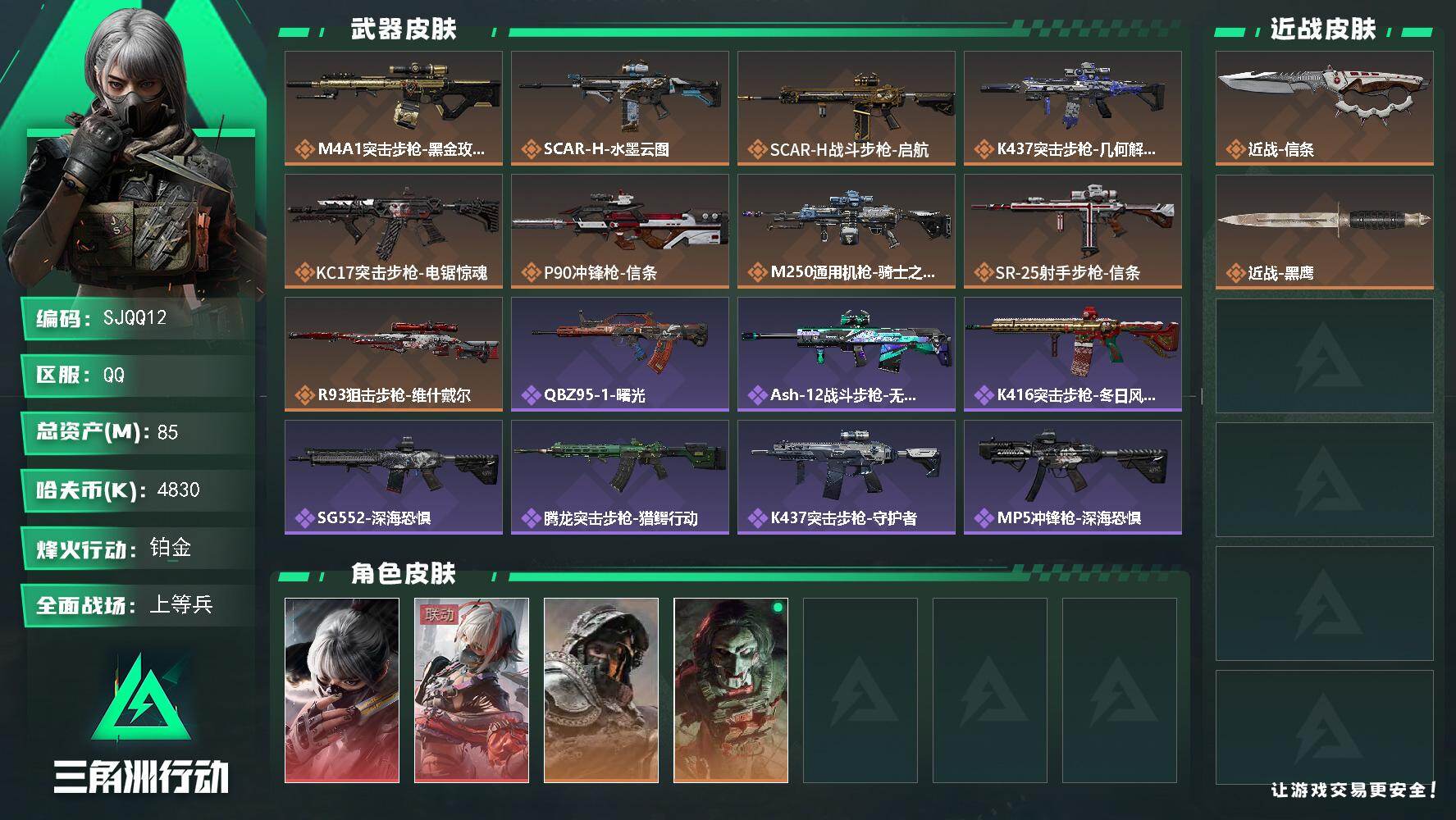 三角洲行动账号QQ【SJQQ12】总资产85M/哈夫币483万/传说近战数1/传说枪皮数9/战场等级17/行动等级60/安全箱等时效性道具以游戏内数据为准，详情请看图/骇爪-水墨云图/骇爪-维什戴尔/深蓝-不破誓约/