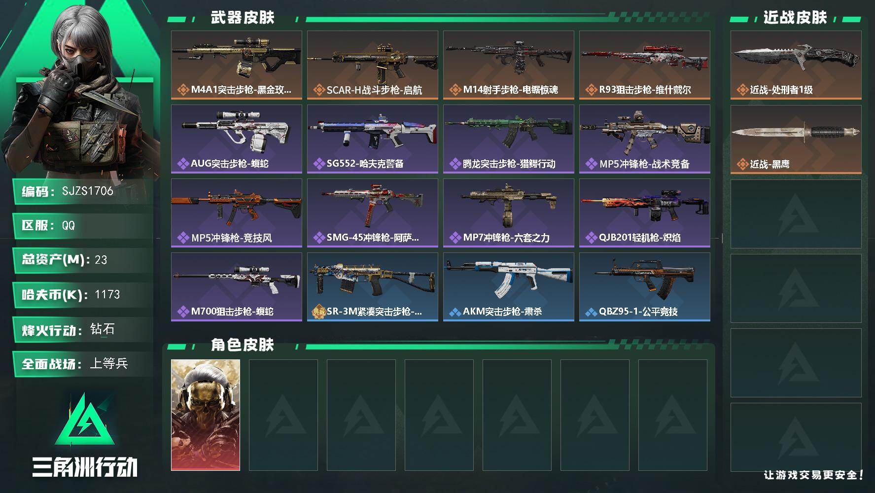 三角洲行动账号QQ【SJZS1706】总资产23M/哈夫币117万/传说近战数1/传说枪皮数4/战场等级13/行动等级60/安全箱等时效性道具以游戏内数据为准，详情请看图/红狼-蚀金玫瑰/近战-处刑者1级/近战-黑鹰