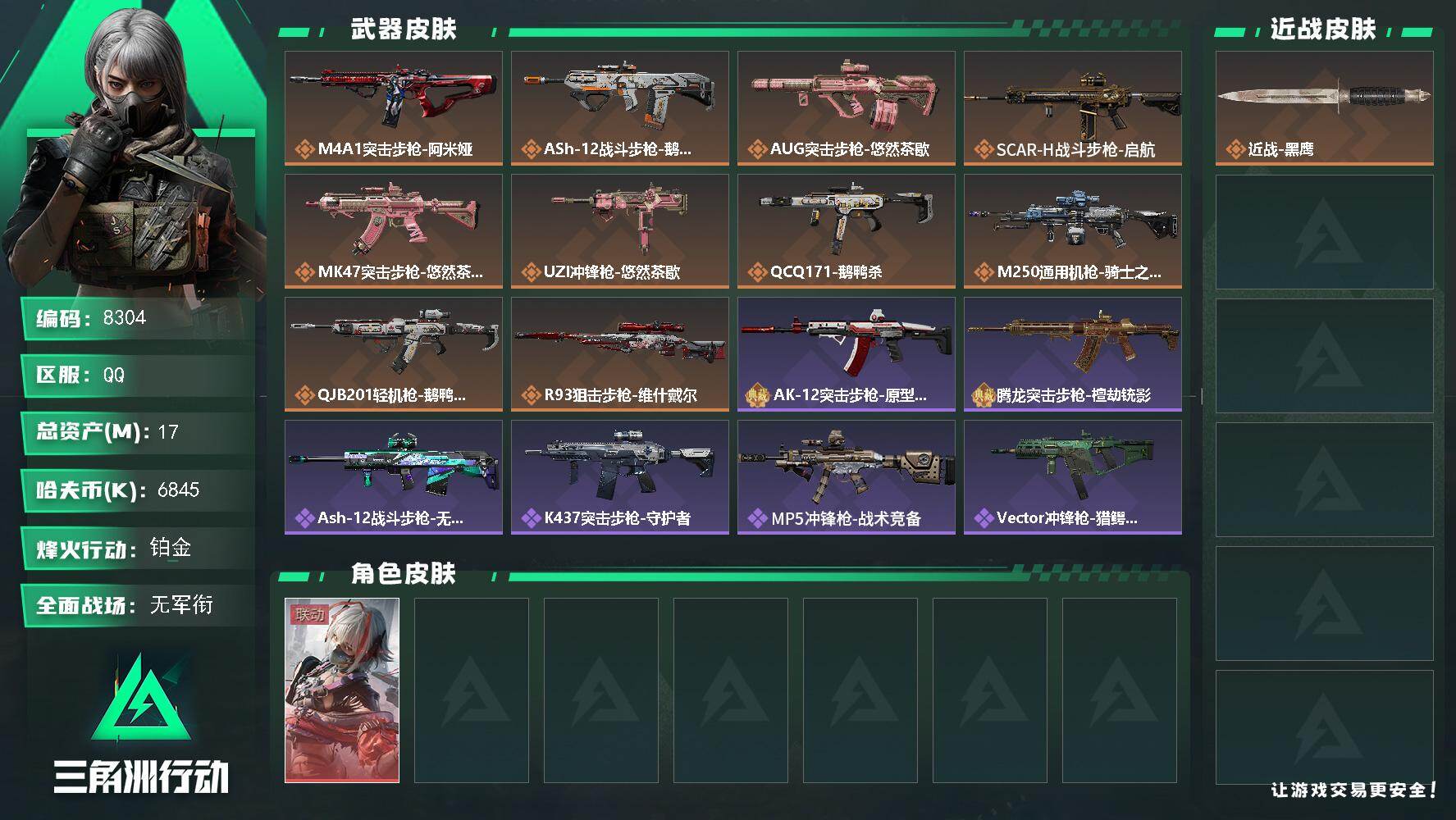三角洲行动账号QQ总资产17M/哈夫币684万/传说枪皮数10/战场等级1/行动等级60/安全箱等时效性道具以游戏内数据为准，详情请看图/骇爪-维什戴尔/近战-黑鹰/M4A1突击步枪-阿米娅/ASh-12战斗步枪-鹅鸭
