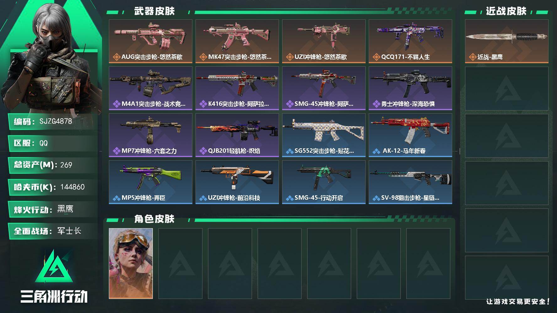 三角洲行动账号QQ【SJZG4878】总资产269M/哈夫币14486万/传说枪皮数4/战场等级21/行动等级60/安全箱等时效性道具以游戏内数据为准，详情请看图/蛊-不羁人生/近战-黑鹰/AUG突击步枪-悠然茶歇/