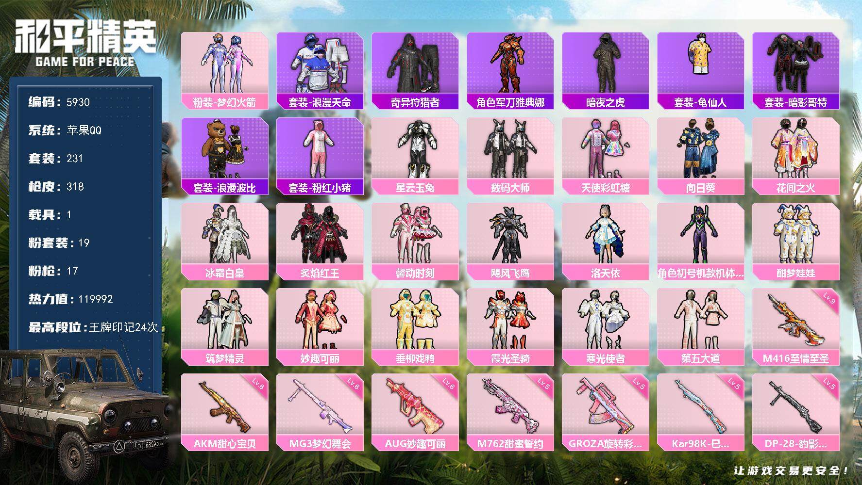 和平精英账号苹果QQ231套装/枪械17/装备446/载具1/战备236/王牌印记24/热力值/六级AKM-甜心宝贝/二级AKM-梦之光华/四级M16A4-垂柳戏鸭/SCAR-L-青春物语/四级SCAR-L-纯梦嫁纱/四