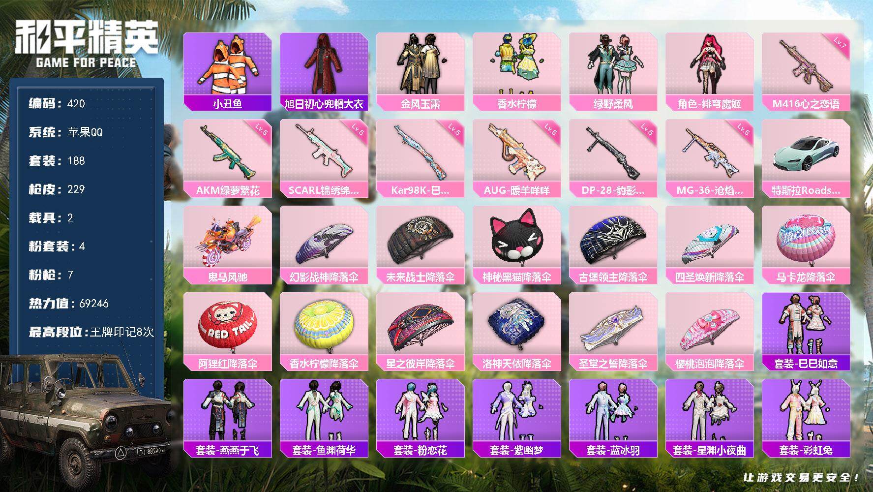 和平精英账号苹果QQ2载具-188套装-229枪皮-A2112苹果 手Q-4粉装-7特效枪-2载具-0粉色飞行器-69246热力值-8王牌印记-188套装-229枪皮
【热门品类】：套装-小丑鱼，旭日初心兜帽大衣
【粉色