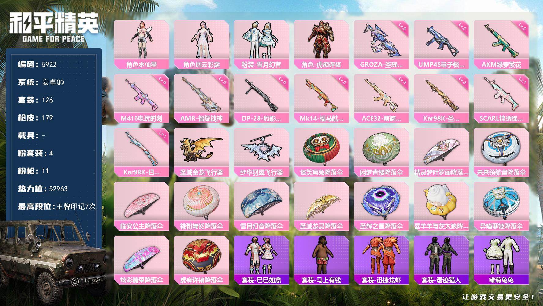 和平精英账号安卓QQ126套装/枪械11/装备209/战备125/王牌印记7/热力值52963/五级AKM-绿萝繁花/SCAR-L-锦绣绵绵/五级M416-电玩时刻/六级GROZA-圣辉之星/四级ACE32-萌骑漫游/五