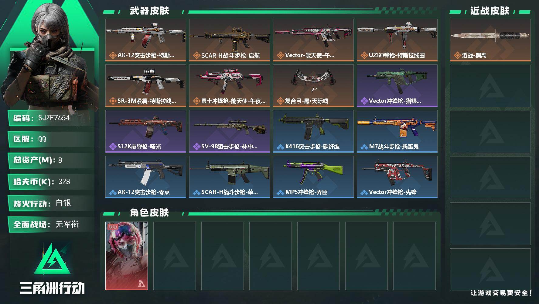 三角洲行动账号QQ【SJZF7654】总资产8M/哈夫币32万/传说枪皮数7/战场等级1/行动等级35/安全箱等时效性道具以游戏内数据为准，详情请看图/蛊-能天使午夜邮差/近战-黑鹰/AK-12突击步枪-特斯拉线圈/