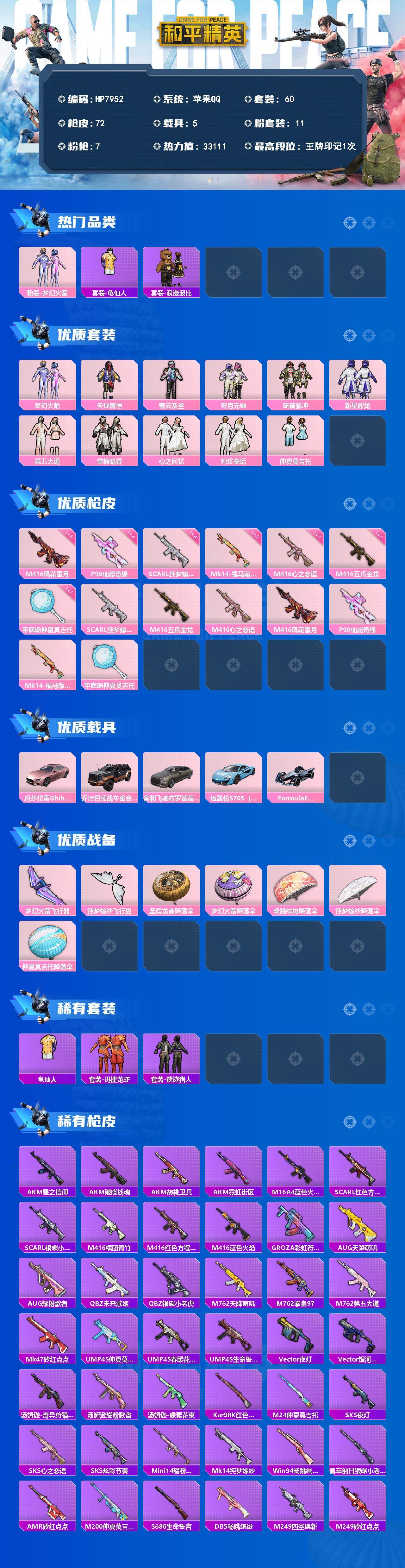 和平精英账号苹果QQ（11粉套7粉枪5载具）地铁满天赋/浪漫波比/梦幻火箭/天禅智恒/彗云及圣/狩月元帅/琉璃脉冲/新星烈龙/第五大道/雪梅暗香/心之回忆/纯珍童话/仲夏莫吉托/SCARL纯梦嫁纱四级/M4五爪金龙一级/