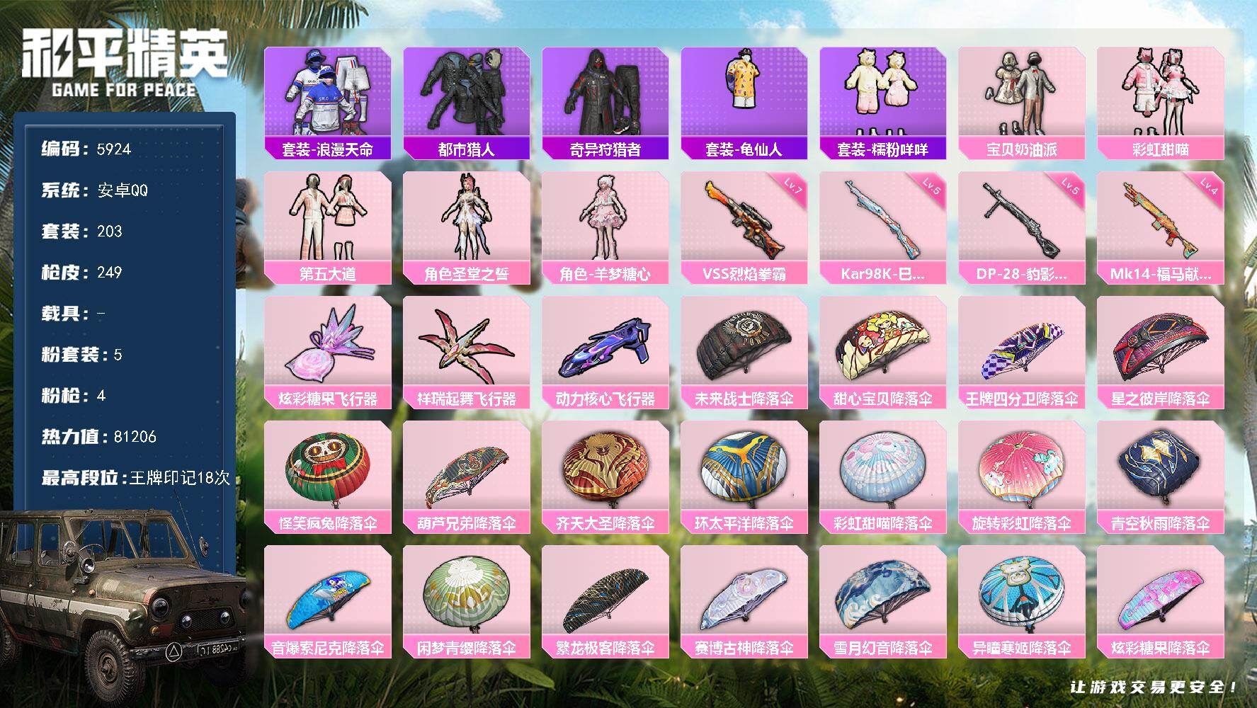 和平精英账号安卓QQ203套装/枪械4/装备328/战备163/王牌印记18/热力值81206/五级Kar98K-巳巳如意/七级VSS-烈焰拳霸/四级Mk14-福马献瑞/五级DP-28-豹影疾电/套装-浪漫天命/都市猎人