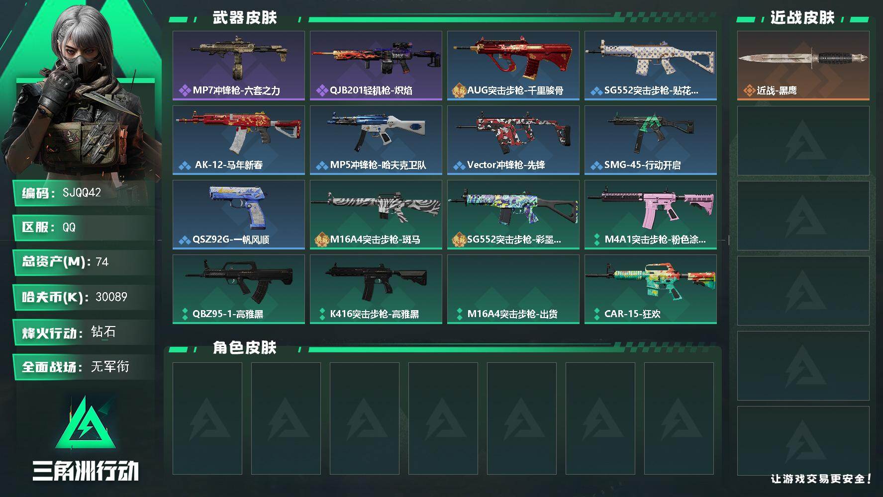三角洲行动账号QQ【SJQQ42】总资产74M/哈夫币3008万/战场等级1/行动等级53/安全箱等时效性道具以游戏内数据为准，详情请看图/近战-黑鹰/MP7冲锋枪-六套之力/QJB201轻机枪-炽焰/AUG突击步枪