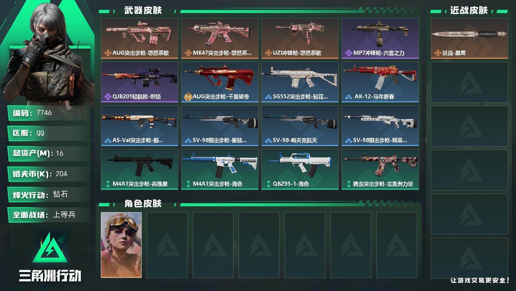三角洲行动账号QQ总资产16M/哈夫币20万/传说枪皮数3/战场等级18/行动等级60/安全箱等时效性道具以游戏内数据为准，详情请看图/蛊-不羁人生/近战-黑鹰/AUG突击步枪-悠然茶歇/MK47突击步枪-悠然茶歇/U
