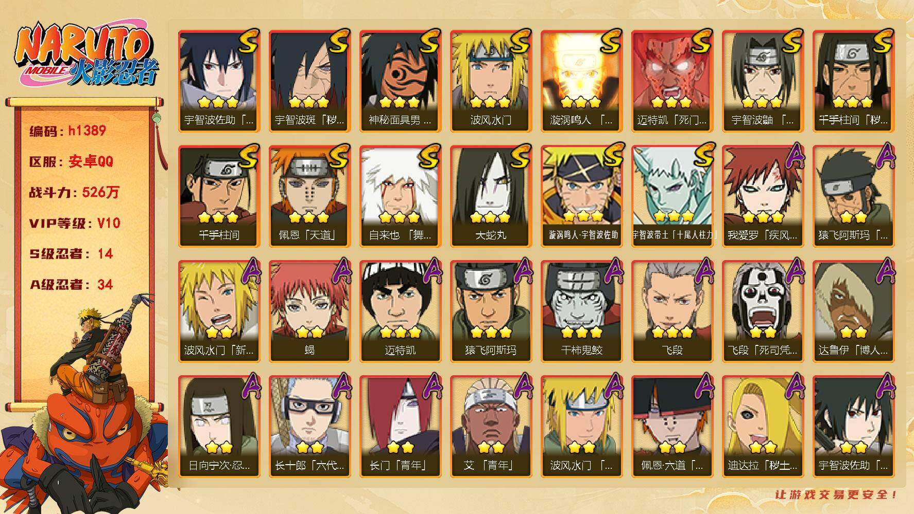 火影忍者账号安卓QQ[18833242]14S级忍者数-34A级忍者数
【S级忍者】：千手柱间「秽土转生」(3星)，宇智波斑「秽土转生·解」(3星)，宇智波鼬「须佐能乎」(3星)，自来也「舞之豪杰」(3星)，大蛇丸(3星