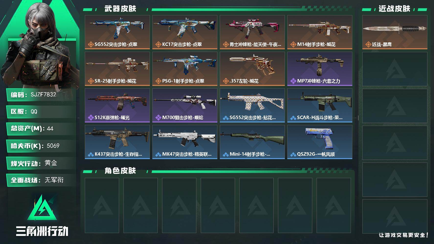 三角洲行动账号QQ【SJZF7832】总资产44M/哈夫币506万/传说枪皮数7/战场等级1/行动等级33/安全箱等时效性道具以游戏内数据为准，详情请看图/近战-黑鹰/SG552突击步枪-点翠/KC17突击步枪-点翠