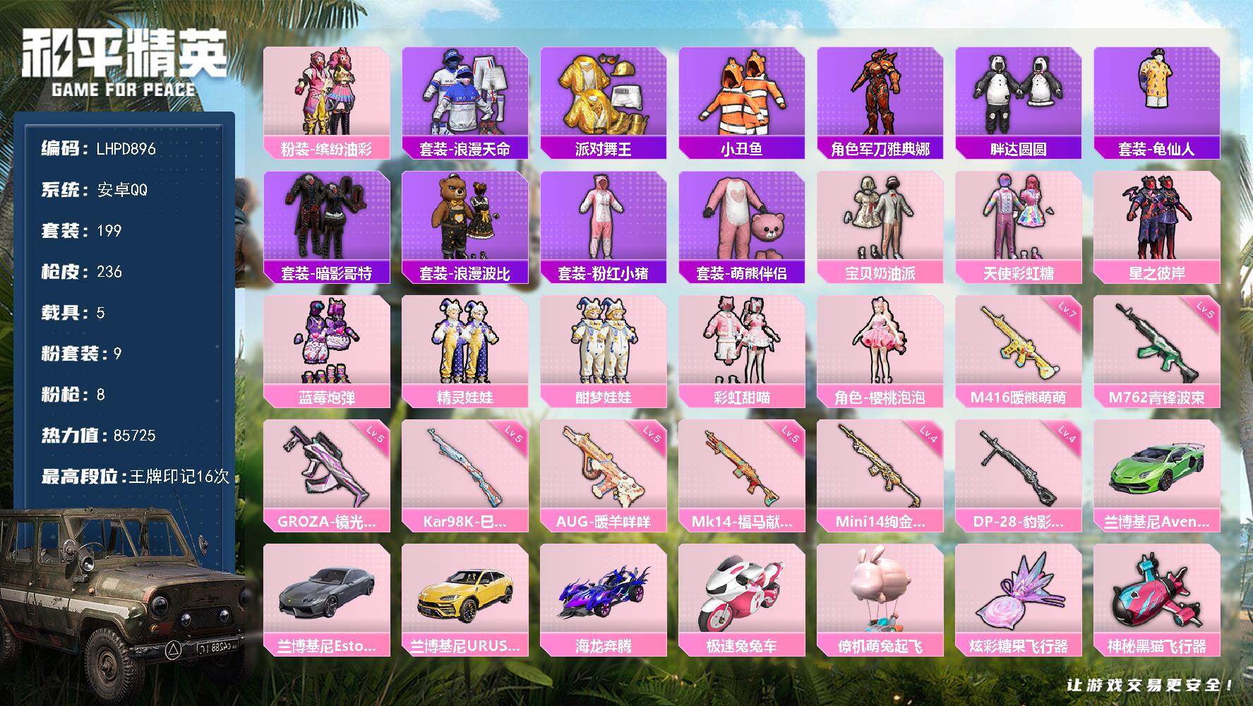 和平精英账号安卓QQ【金鞋/暗影哥特/胖达圆圆/小丑鱼/猪脸/7级M4萌熊暖暖/浪漫波比】安卓 手Q-9粉装-8特效枪-5载具-4粉色飞行器-85725热力值-16王牌印记-199套装-236枪皮
【热门品类】：粉装-