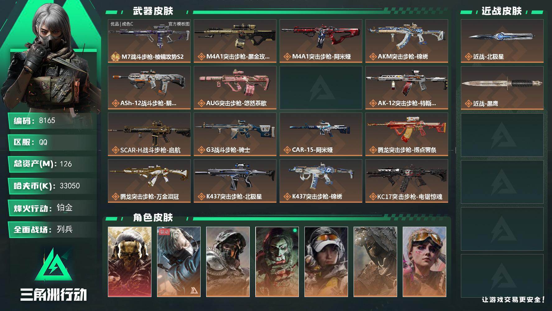 三角洲行动账号QQ总资产126M/哈夫币3305万/传说近战数1/传说枪皮数37/战场等级22/行动等级60/安全箱等时效性道具以游戏内数据为准，详情请看图/红狼-蚀金玫瑰/蜂医-送葬人·无题密令/深蓝-不破誓约/红狼