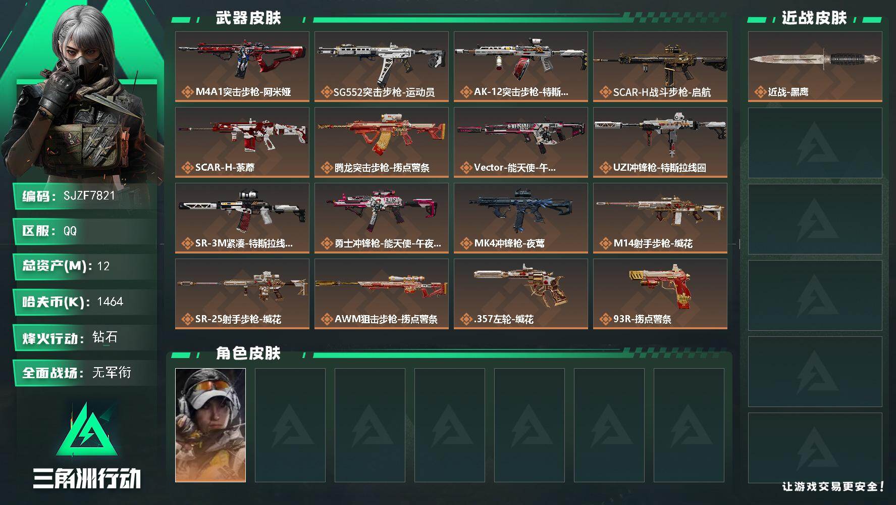 三角洲行动账号QQ【SJZF7821】总资产12M/哈夫币146万/传说枪皮数16/战场等级1/行动等级60/安全箱等时效性道具以游戏内数据为准，详情请看图/露娜-金牌射手/近战-黑鹰/M4A1突击步枪-阿米娅/SG