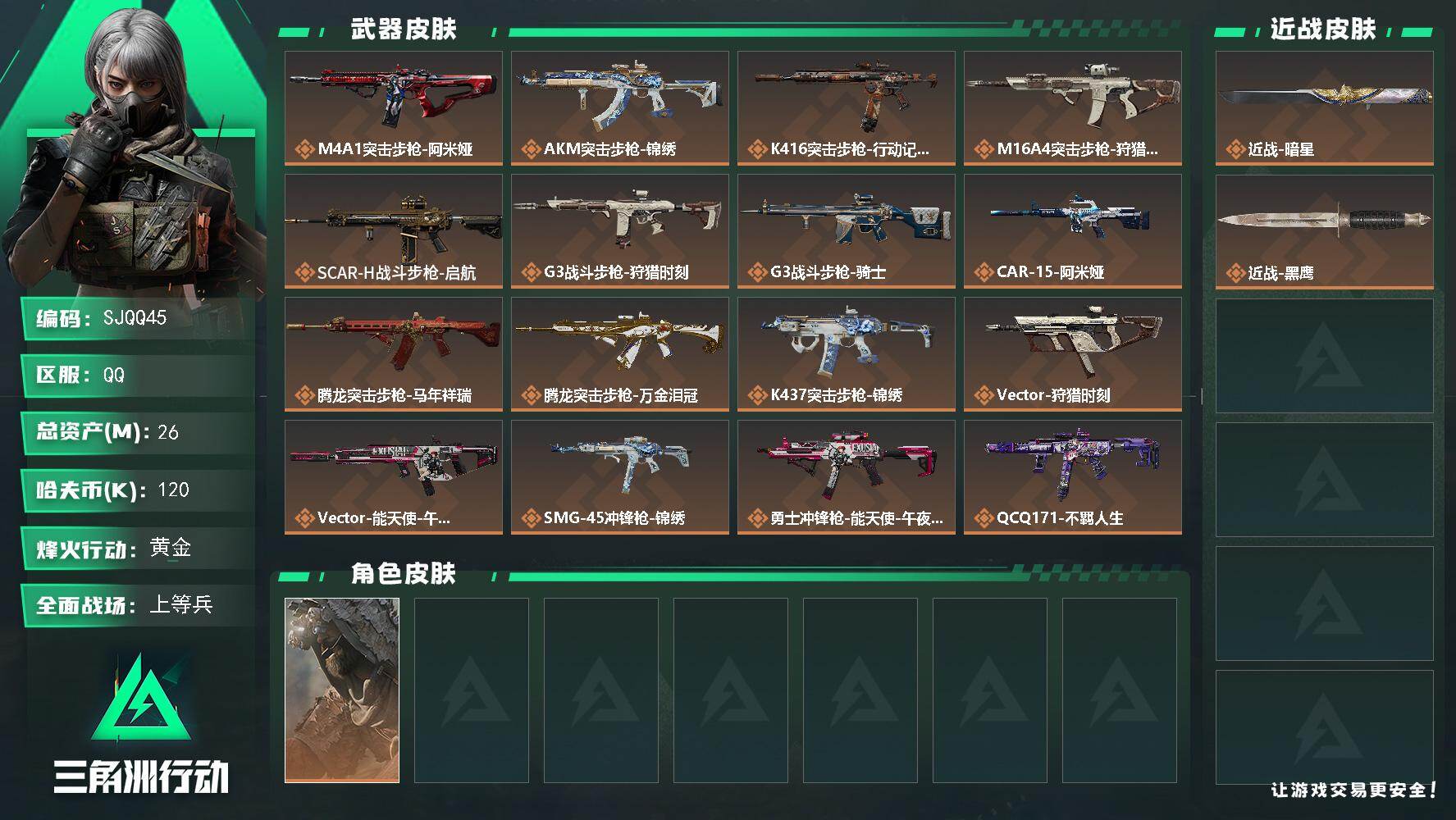 三角洲行动账号QQ【SJQQ45】总资产26M/哈夫币12万/传说近战数1/传说枪皮数21/战场等级42/行动等级37/安全箱等时效性道具以游戏内数据为准，详情请看图/乌鲁鲁-荒原猎手/近战-暗星/近战-黑鹰/M4A