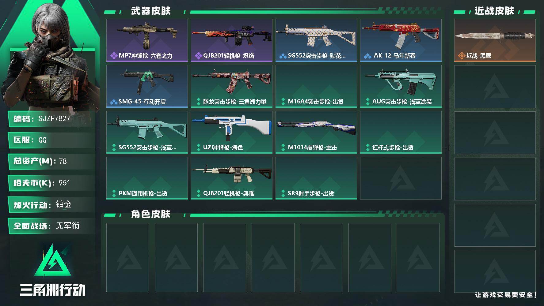 三角洲行动账号QQ【SJZF7827】总资产78M/哈夫币95万/战场等级1/行动等级60/安全箱等时效性道具以游戏内数据为准，详情请看图/近战-黑鹰/MP7冲锋枪-六套之力/QJB201轻机枪-炽焰/SG552突击