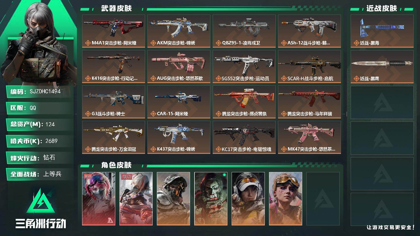 三角洲行动账号QQ【SJZDHC1494】DHC20072  黑海/2红皮/4金皮 124m总资产-2689k哈夫币-