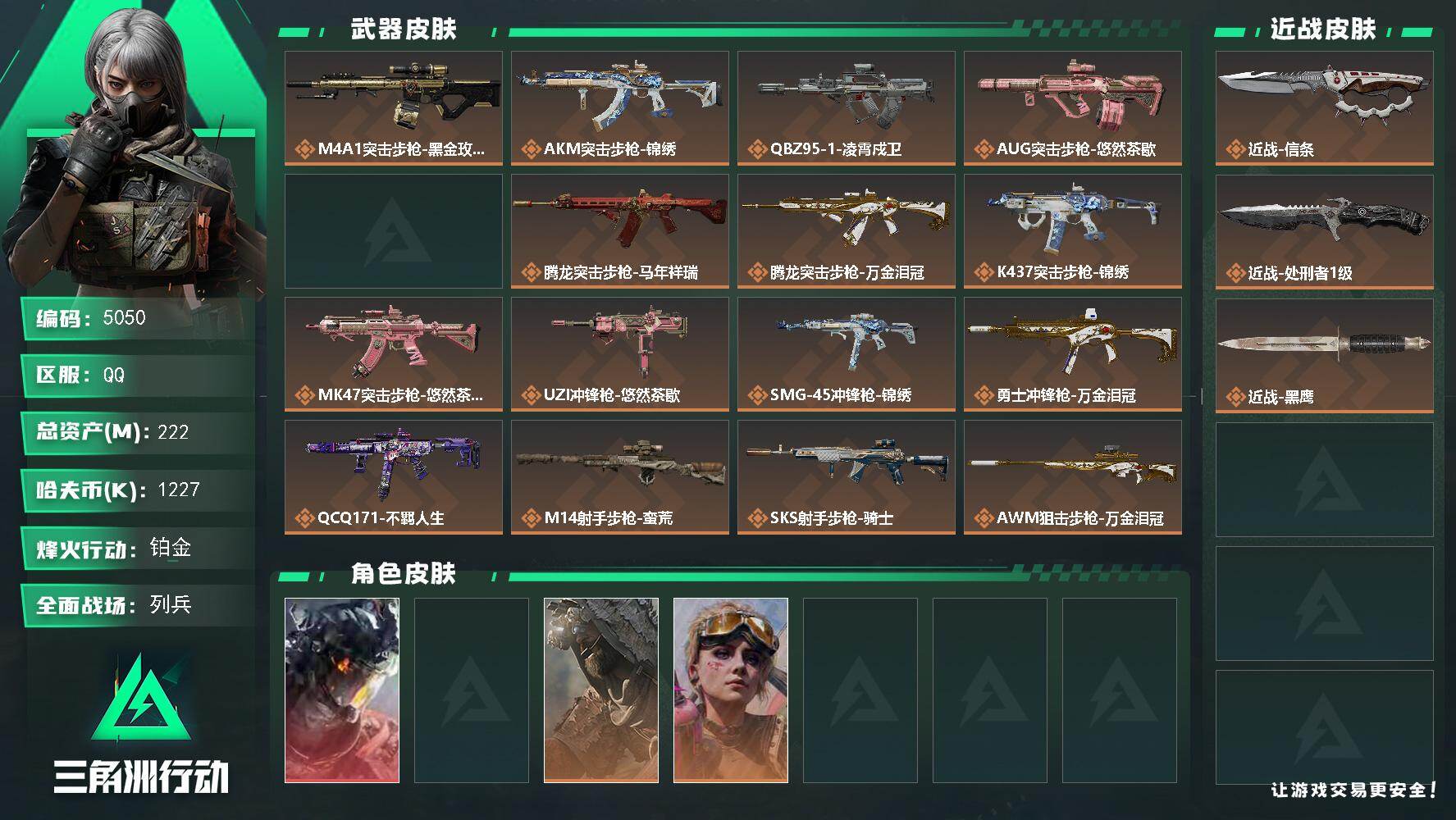 三角洲行动账号QQPX_2574908-222m总资产-1227k哈夫币-60烽火等级-铂金-21战场等级-列兵
【干员外观】：威龙-凌霄戍卫，露娜-金牌射手，乌鲁鲁-荒原猎手，蛊-不羁人生
【近战皮肤】：近