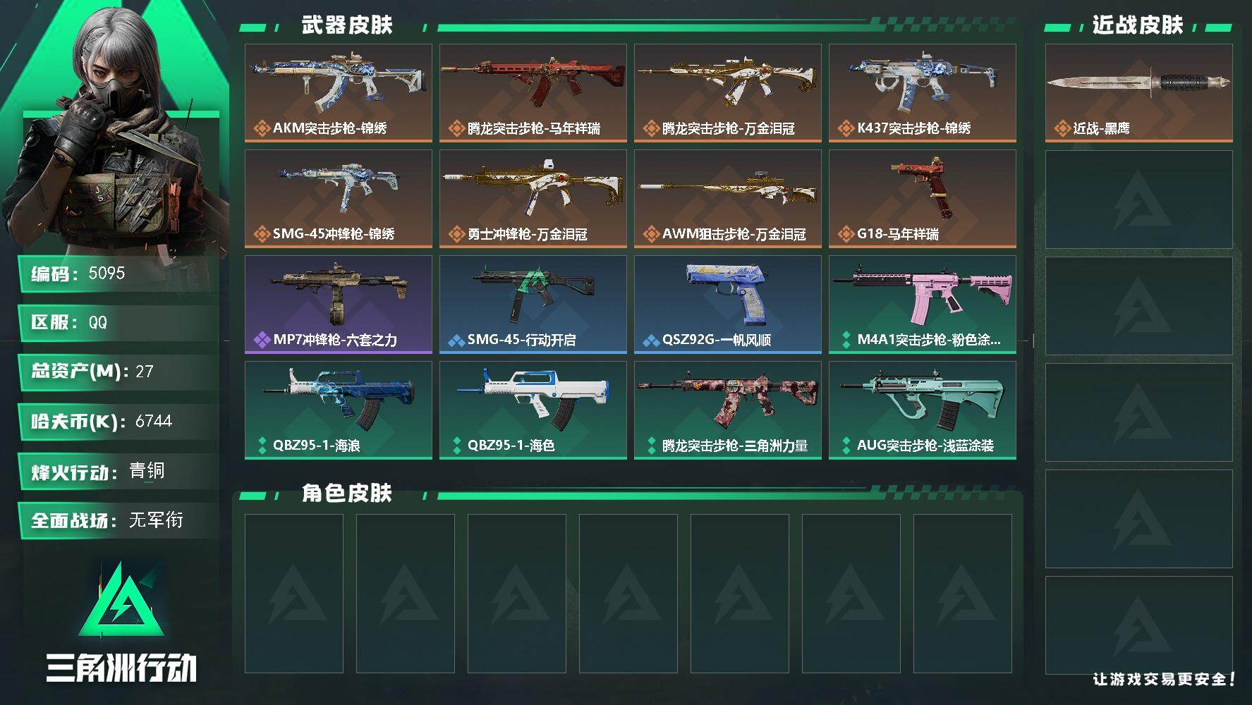 三角洲行动账号QQPX_2575295-27m总资产-6744k哈夫币-27烽火等级-青铜-1战场等级-无军衔
【近战皮肤】：近战-黑鹰
【传说外观】：AKM突击步枪-锦绣，腾龙突击步枪-马年祥瑞，腾龙突击步