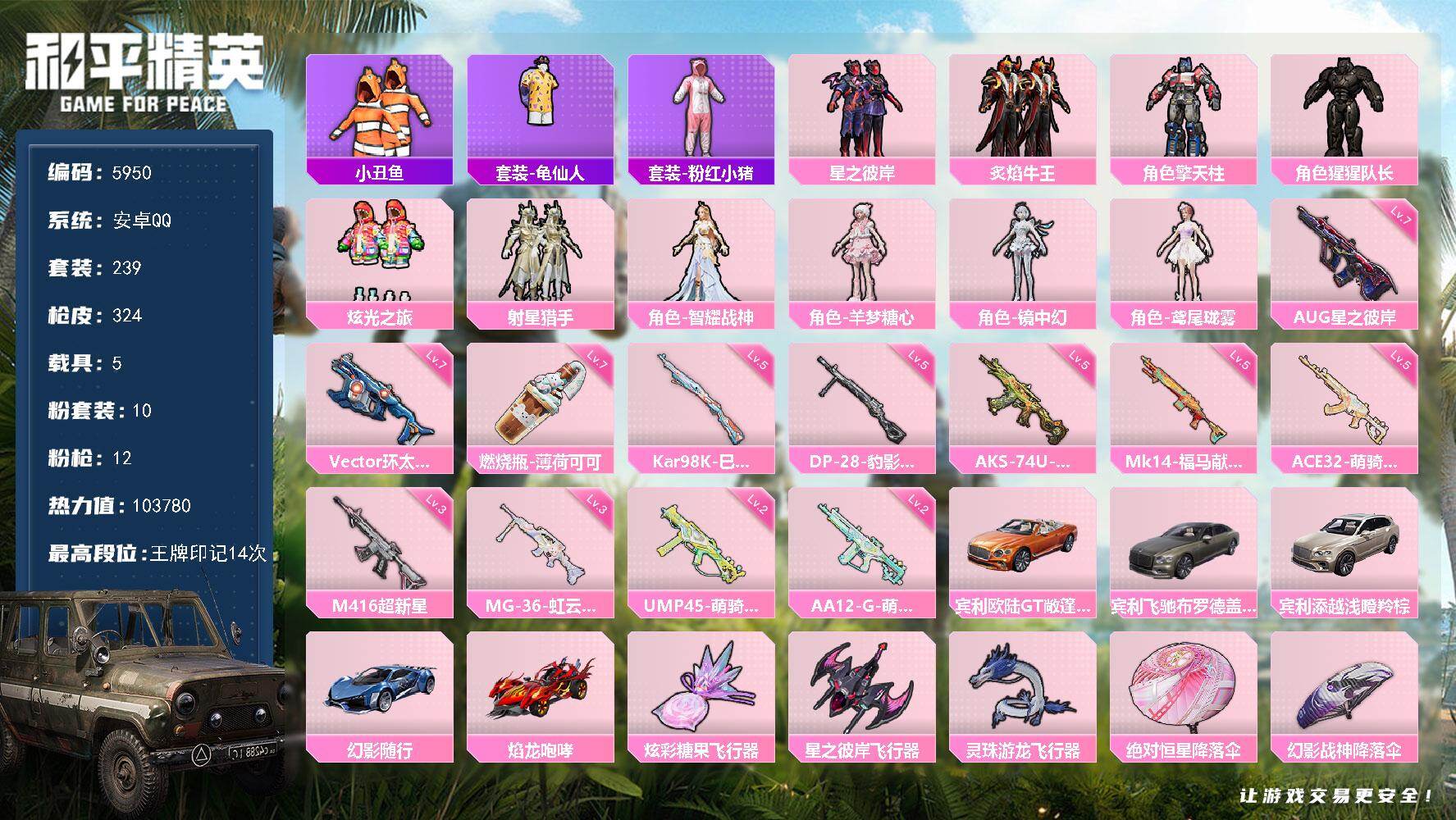 和平精英账号安卓QQ239套装/枪械12/装备392/载具5/战备220/王牌印记14/热力值/三级M416-超新星/七级AUG-星之彼岸/五级ACE32-萌骑漫游/二级UMP45-萌骑冒险/七级Vector-环太平洋/