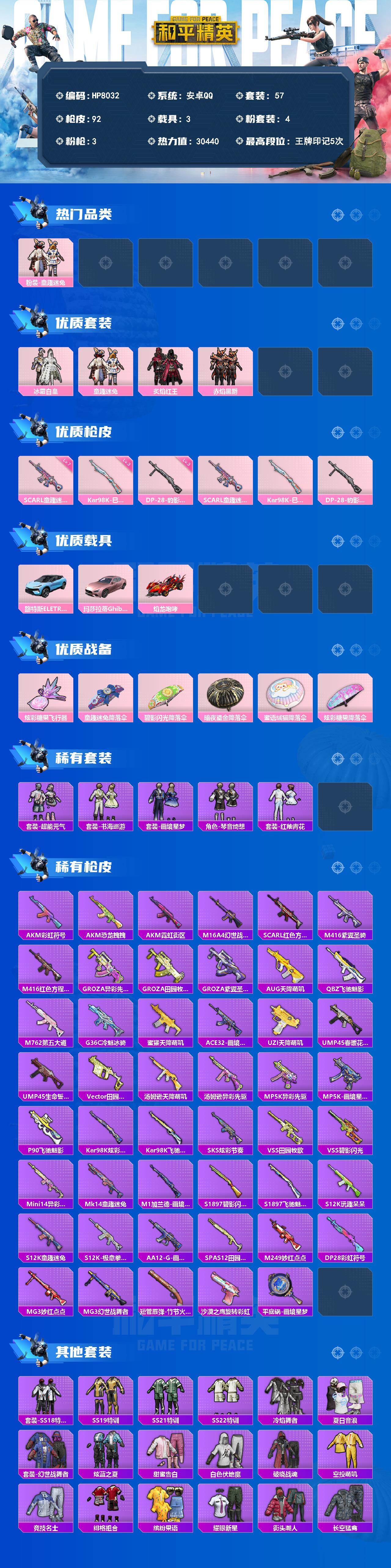 和平精英账号安卓QQ安卓 手Q-地铁满天赋-童趣迷兔/冰霜白皇/童趣迷兔/炙焰红王/赤焰黑爵/SCARL童趣迷兔七级/Kar98K巳巳如意三级/DP28豹影疾电三级/路特斯蓝/玛莎拉蒂粉/焰龙咆哮 没战神框HP8032（