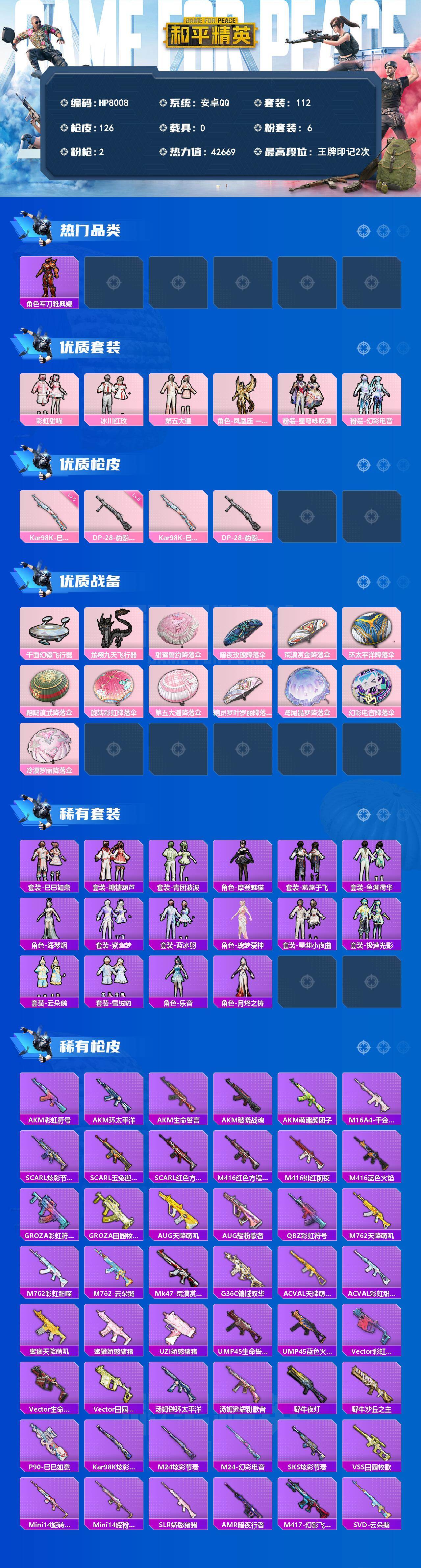 和平精英账号安卓QQ（6粉套2粉枪）彩虹甜喵/冰川红玫/第五大道/凤凰座 一辉/星穹咏叹调/幻彩电音/Kar98K-巳巳如意(五级)/DP-28-豹影疾电(五级)/没战神框/HP8008-2粉色飞行器-42669热力值-