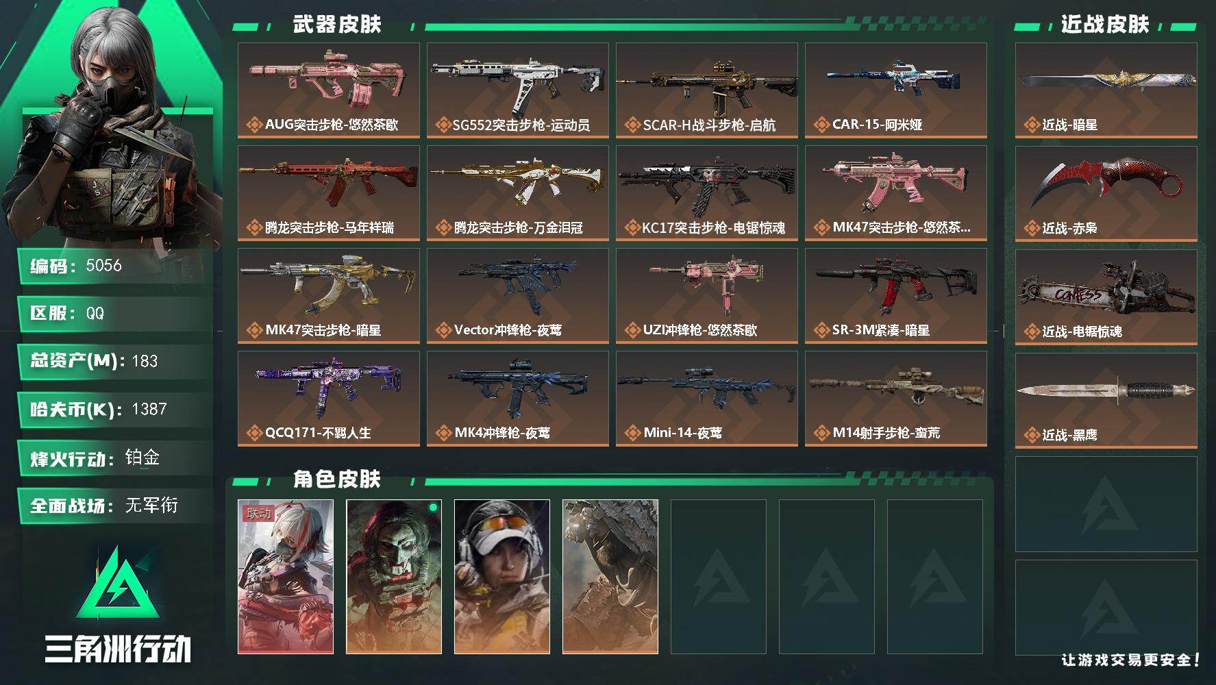 三角洲行动账号QQPX_2574985-183m总资产-1387k哈夫币-60烽火等级-铂金-5战场等级-无军衔
【干员外观】：骇爪-维什戴尔，红狼-电锯惊魂，露娜-金牌射手，乌鲁鲁-荒原猎手
【近战皮肤】：