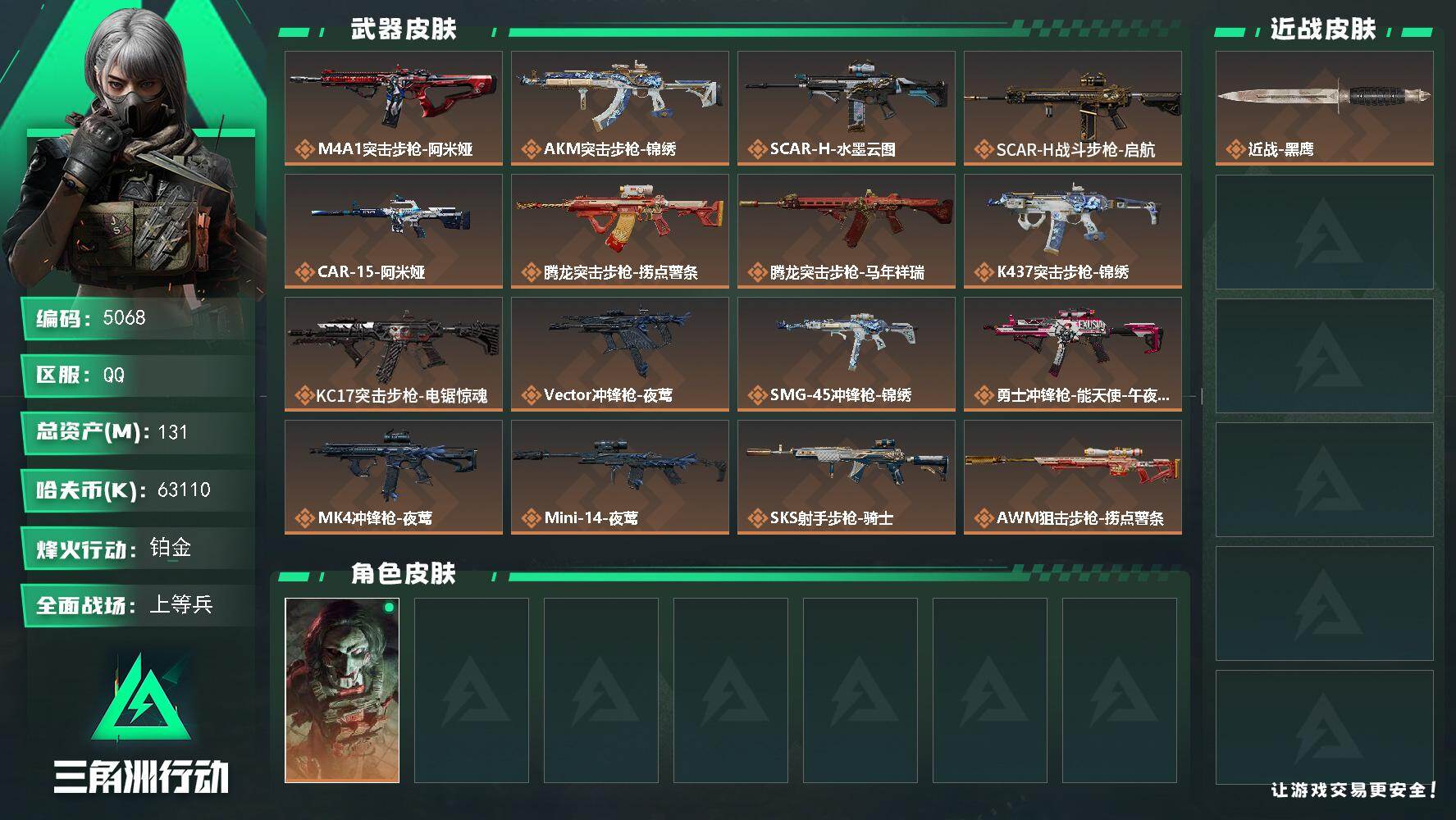 三角洲行动账号QQPX_2575029-131m总资产-63110k哈夫币-60烽火等级-铂金-35战场等级-上等兵
【干员外观】：红狼-电锯惊魂
【近战皮肤】：近战-黑鹰
【传说外观】：M4A1突击步枪-阿