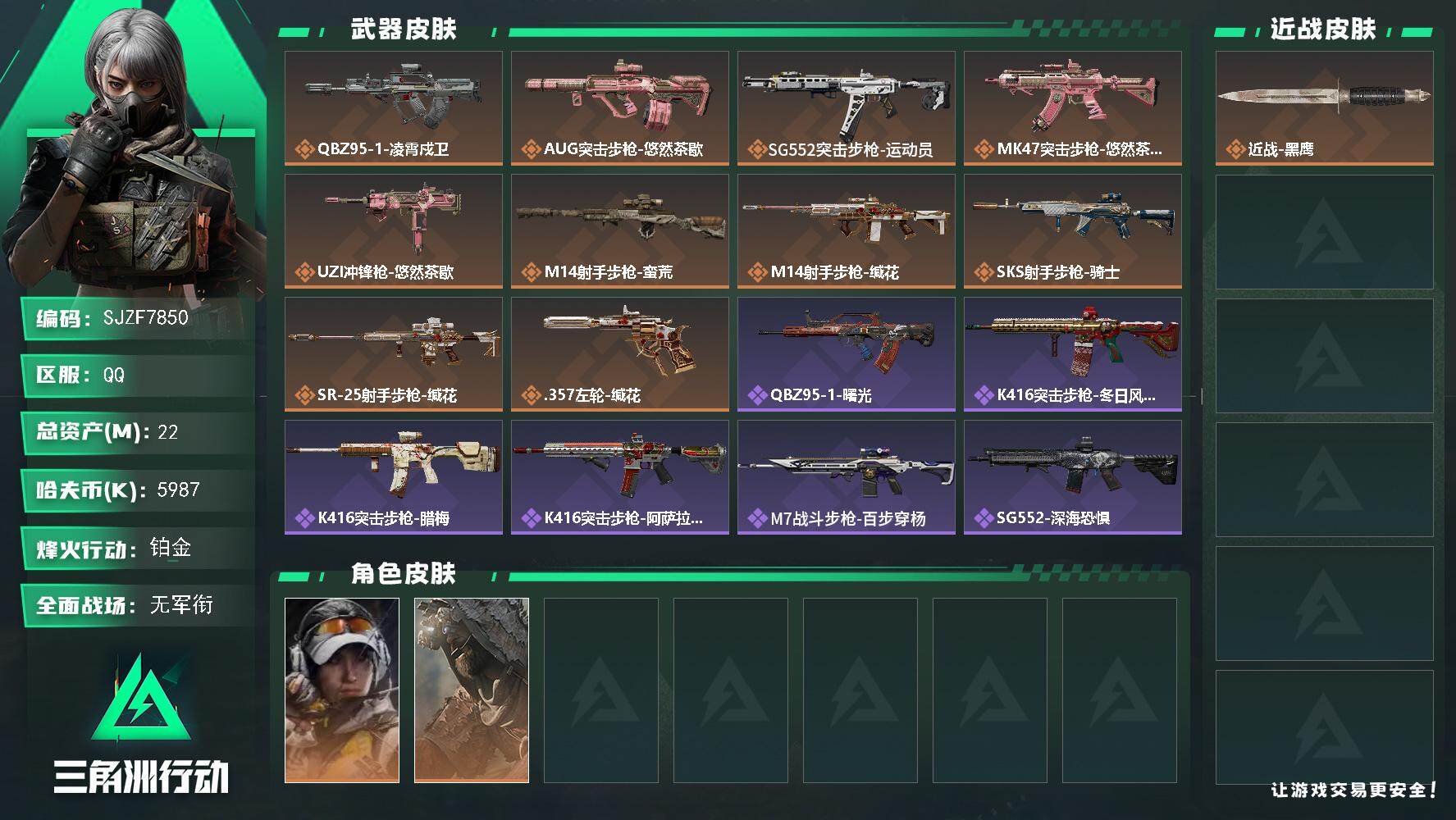 三角洲行动账号QQ【SJZF7850】总资产22M/哈夫币598万/传说枪皮数10/战场等级1/行动等级60/安全箱等时效性道具以游戏内数据为准，详情请看图/露娜-金牌射手/乌鲁鲁-荒原猎手/近战-黑鹰/QBZ95-