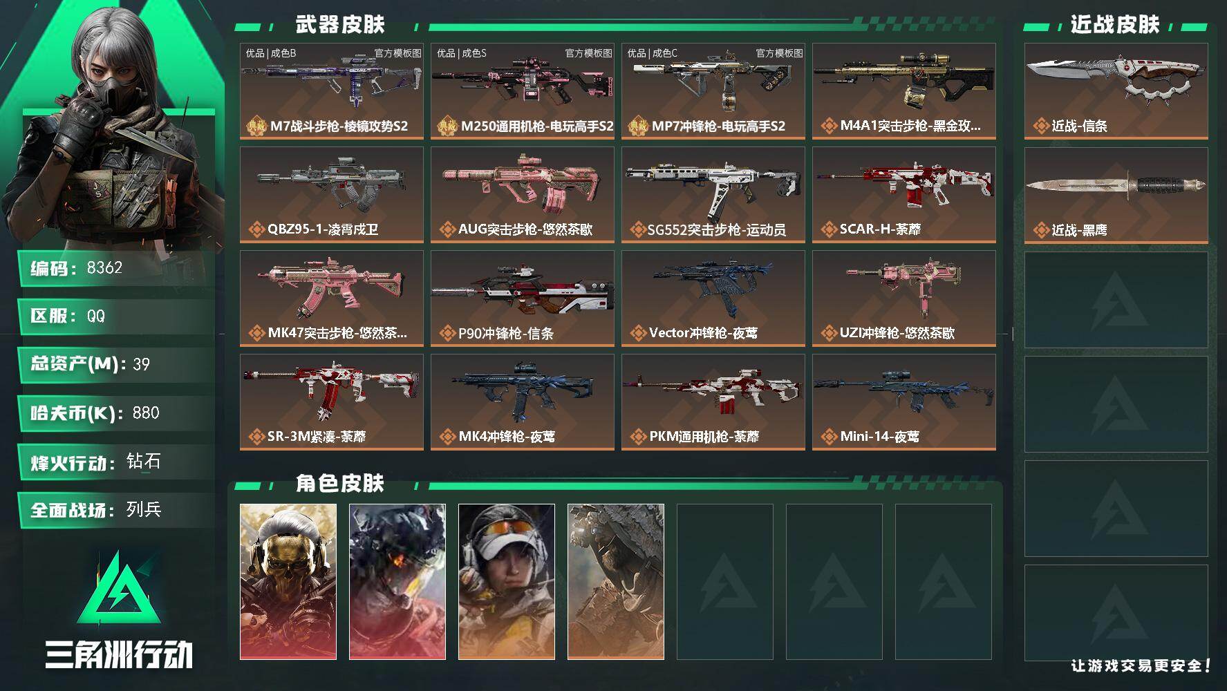 三角洲行动账号QQ总资产39M/哈夫币88万/传说近战数1/传说枪皮数22/战场等级12/行动等级60/安全箱等时效性道具以游戏内数据为准，详情请看图/红狼-蚀金玫瑰/威龙-凌霄戍卫/露娜-金牌射手/乌鲁鲁-荒原猎手/