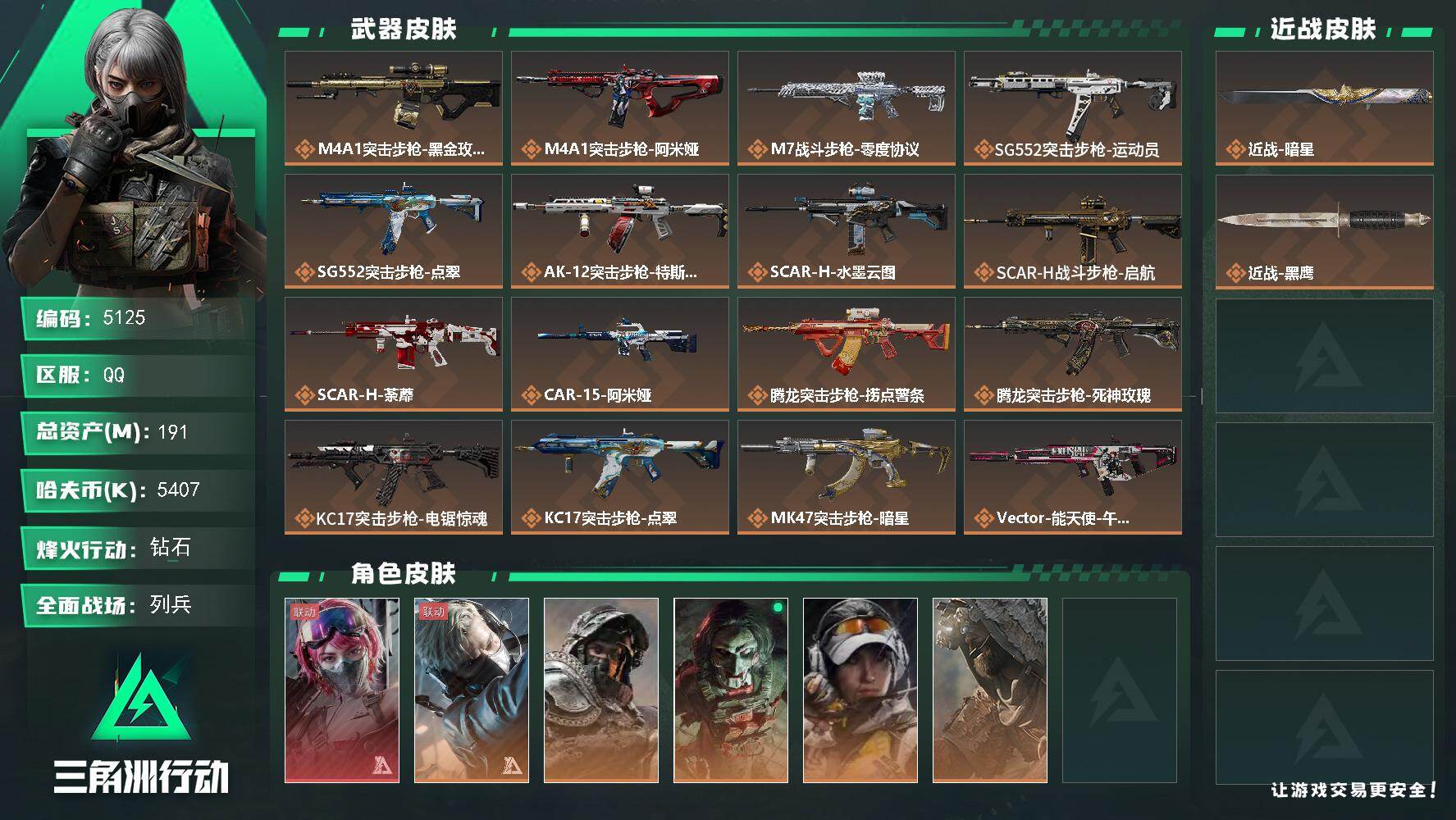 三角洲行动账号QQPX_2575522-191m总资产-5407k哈夫币-60烽火等级-钻石-21战场等级-列兵
【干员外观】：蛊-能天使午夜邮差，蜂医-送葬人·无题密令，深蓝-不破誓约，红狼-电锯惊魂，露娜