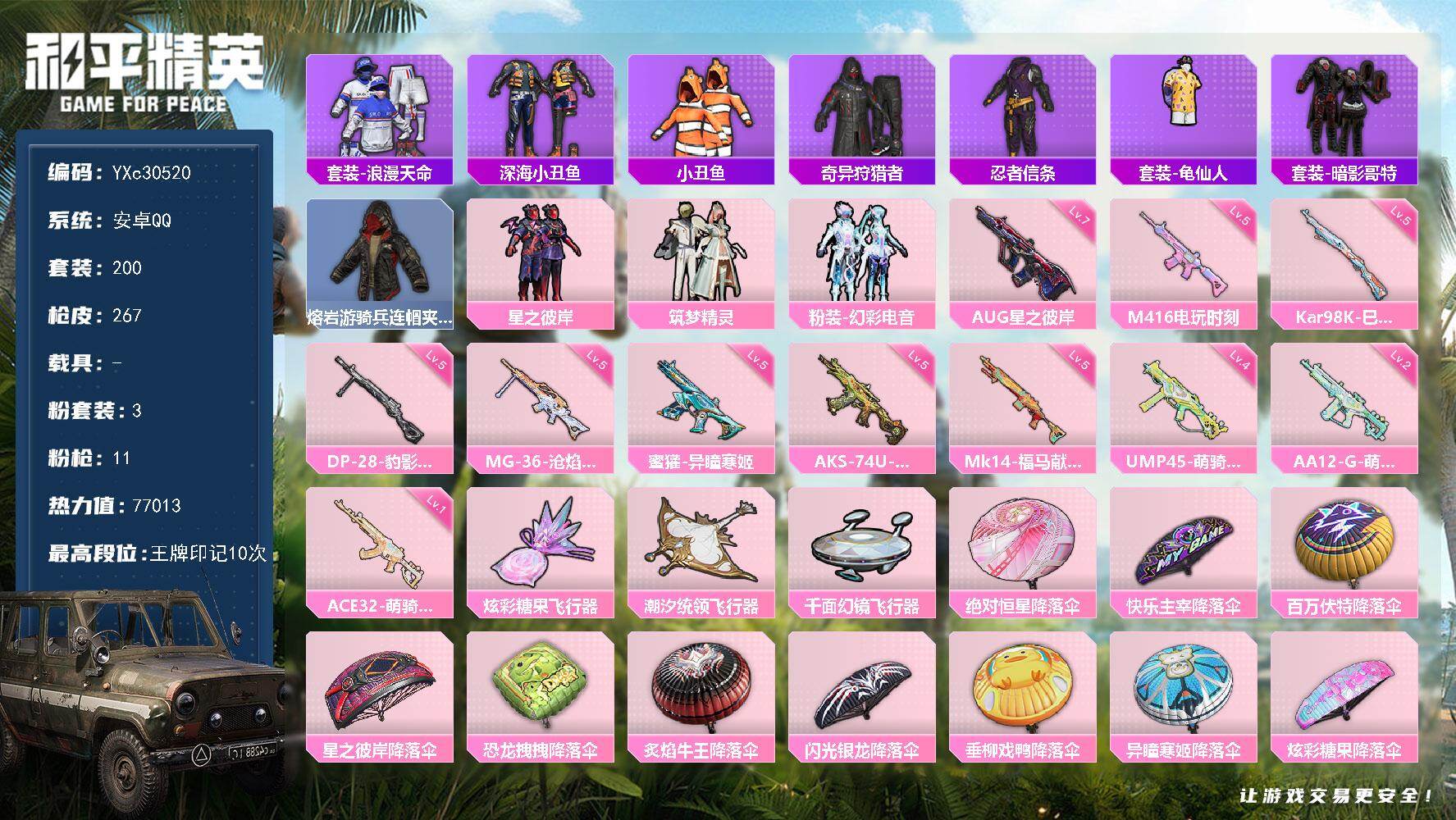 和平精英账号安卓QQ【蜘蛛侠 小丑鱼 鲨鱼裤 双马尾 哥特 满地铁天赋】YXc30520-【可二次】【因赛季更新游戏段付以上号为准!】
 安卓Q-3稀有3粉装11特效枪17热门200套装267枪皮  10印记 历史卓越王