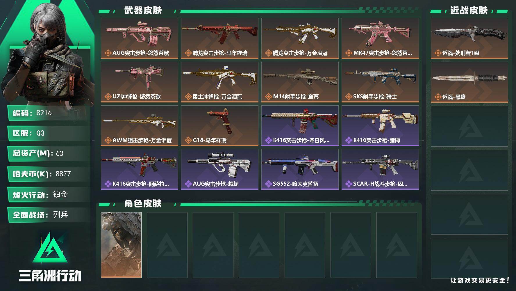 三角洲行动账号QQ总资产63M/哈夫币887万/传说近战数1/传说枪皮数10/战场等级6/行动等级60/安全箱等时效性道具以游戏内数据为准，详情请看图/乌鲁鲁-荒原猎手/近战-处刑者/近战-黑鹰/AUG突击步枪-悠然茶