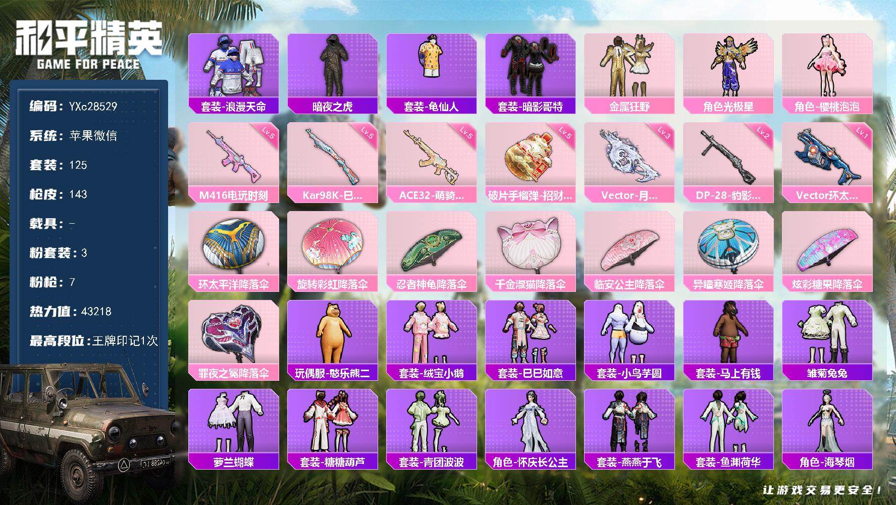 和平精英账号苹果微信【暗夜之虎 满地铁天赋】YXc28529-【可二次】【因赛季更新游戏段付以上号为准!】
 苹果V-1稀有3粉装7特效枪14热门125套装143枪皮 1印记 历史超级王牌1星 
【1稀有】 浪漫天命 
