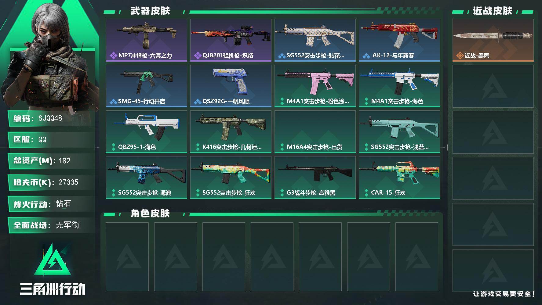 三角洲行动账号QQ【SJQQ48】总资产182M/哈夫币2733万/战场等级1/行动等级60/安全箱等时效性道具以游戏内数据为准，详情请看图/近战-黑鹰/MP7冲锋枪-六套之力/QJB201轻机枪-炽焰/SG552突