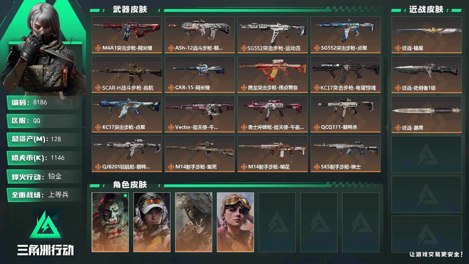 三角洲行动账号QQ总资产128M/哈夫币114万/传说近战数1/传说枪皮数21/战场等级23/行动等级60/安全箱等时效性道具以游戏内数据为准，详情请看图/红狼-电锯惊魂/露娜-金牌射手/乌鲁鲁-荒原猎手/蛊-不羁人生