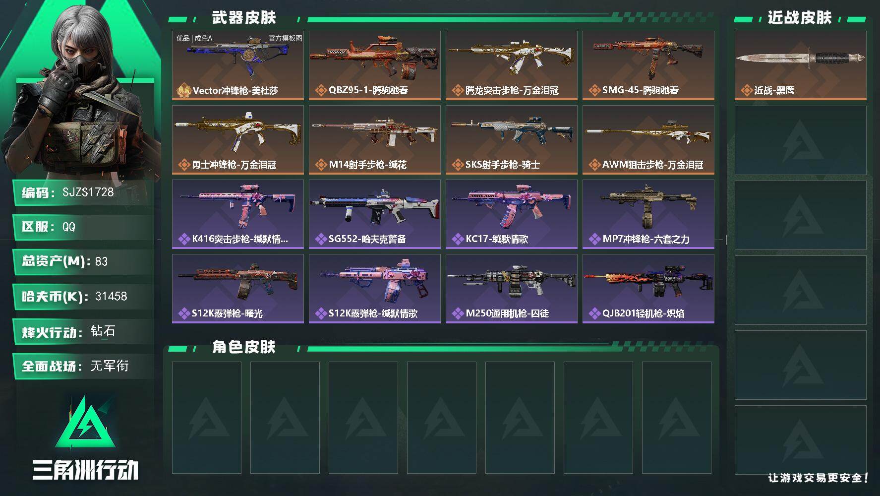三角洲行动账号QQ【SJZS1728】总资产83M/哈夫币3145万/传说枪皮数8/战场等级1/行动等级60/安全箱等时效性道具以游戏内数据为准，详情请看图/近战-黑鹰/Vector冲锋枪-美杜莎/Vector冲锋枪