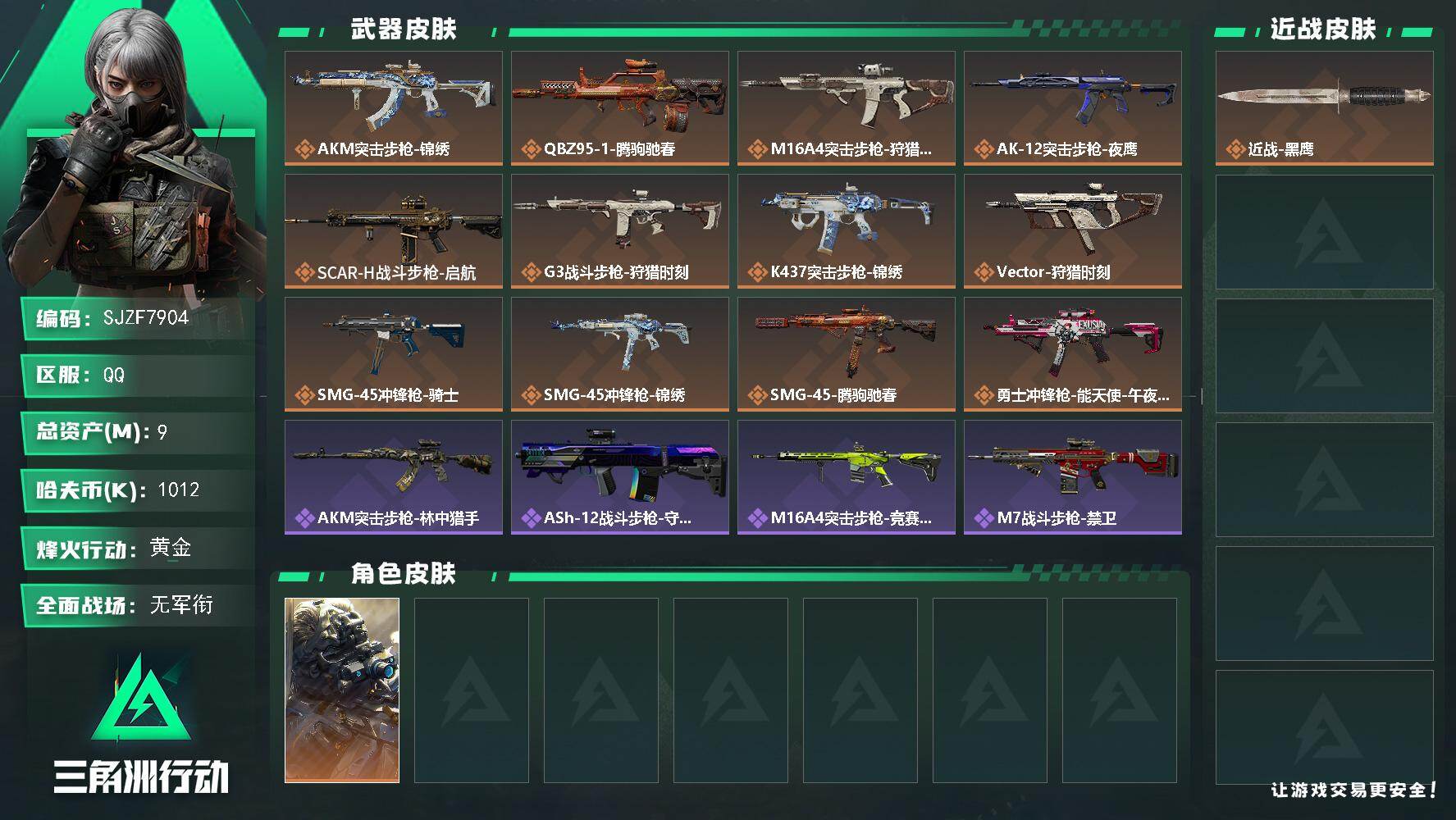 三角洲行动账号QQ【SJZF7904】总资产9M/哈夫币101万/传说枪皮数12/战场等级1/行动等级60/安全箱等时效性道具以游戏内数据为准，详情请看图/无名-夜鹰/近战-黑鹰/AKM突击步枪-锦绣/QBZ95-1