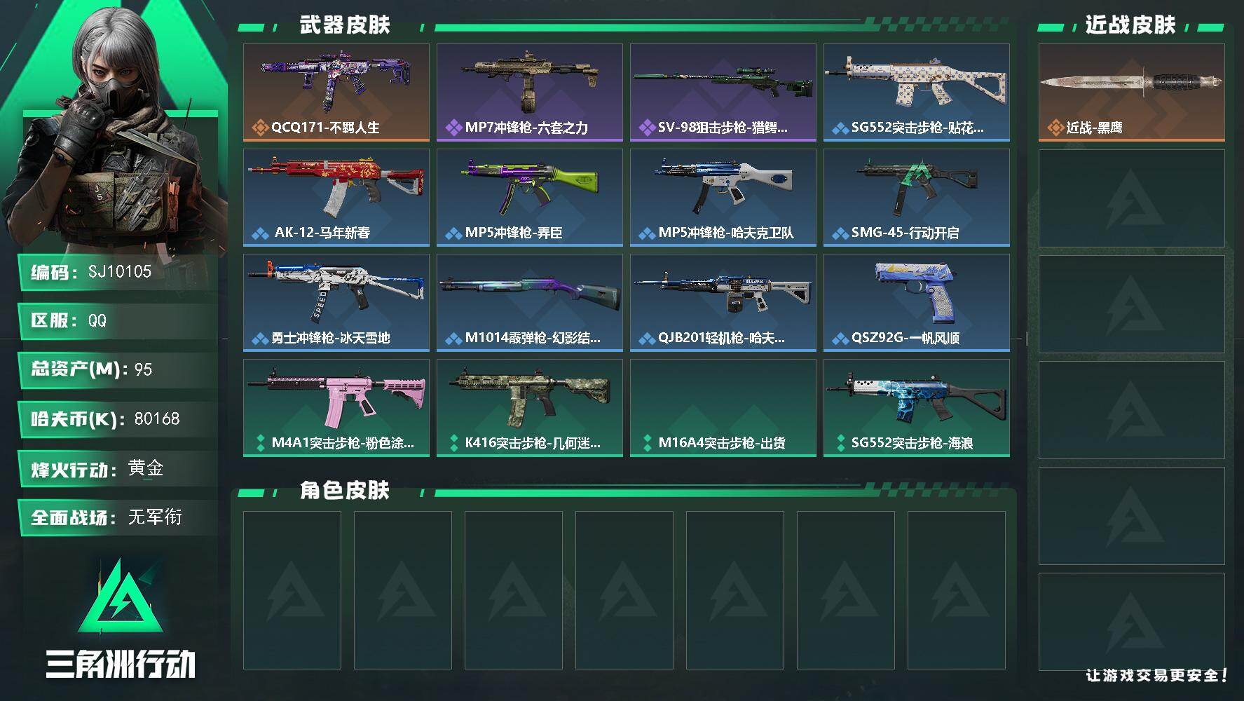 三角洲行动账号QQ【SJ10105】总资产95M/哈夫币8016万/传说枪皮数1/战场等级1/行动等级43/安全箱等时效性道具以游戏内数据为准，详情请看图/近战-黑鹰/QCQ171冲锋枪-不羁人生/MP7冲锋枪-六套