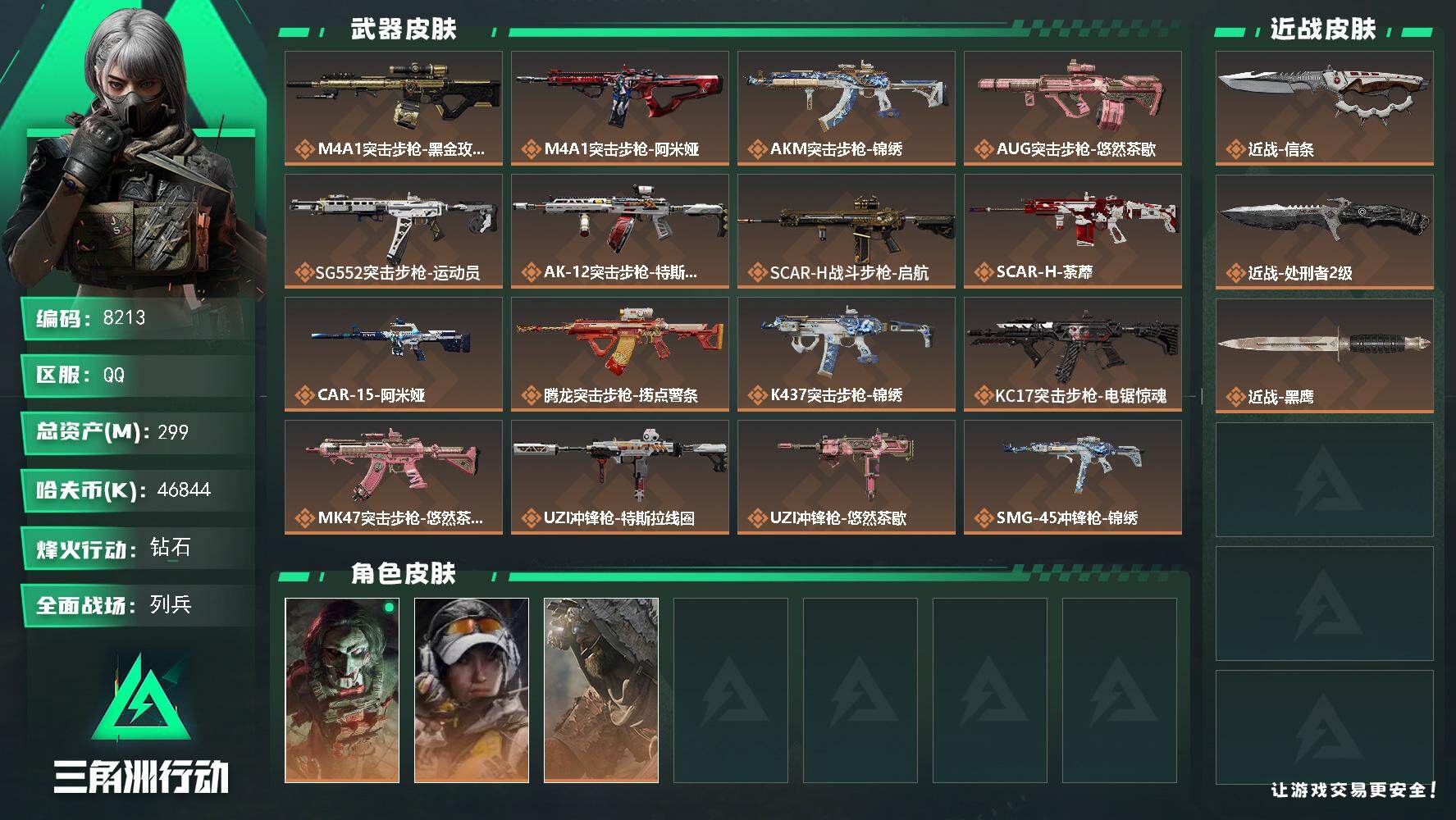 三角洲行动账号QQ总资产299M/哈夫币4684万/传说近战数1/传说枪皮数29/战场等级13/行动等级60/安全箱等时效性道具以游戏内数据为准，详情请看图/红狼-电锯惊魂/露娜-金牌射手/乌鲁鲁-荒原猎手/近战-信条