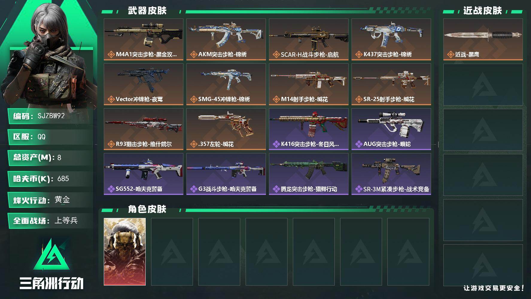 三角洲行动账号QQ【SJZBW92】总资产8M/哈夫币68万/传说枪皮数10/战场等级13/行动等级45/安全箱等时效性道具以游戏内数据为准，详情请看图/红狼-蚀金玫瑰/近战-黑鹰/M4A1突击步枪-蚀金玫瑰/AKM