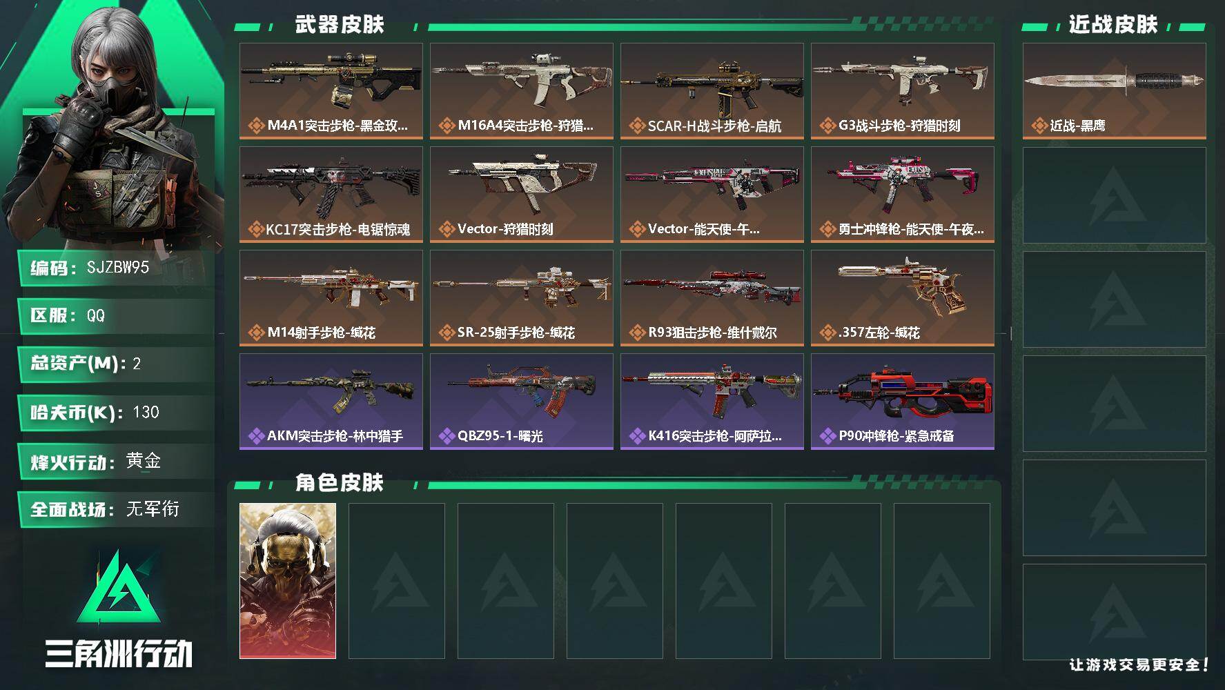 三角洲行动账号QQ【SJZBW95】总资产2M/哈夫币13万/传说枪皮数12/战场等级3/行动等级59/安全箱等时效性道具以游戏内数据为准，详情请看图/红狼-蚀金玫瑰/近战-黑鹰/M4A1突击步枪-蚀金玫瑰/M16A