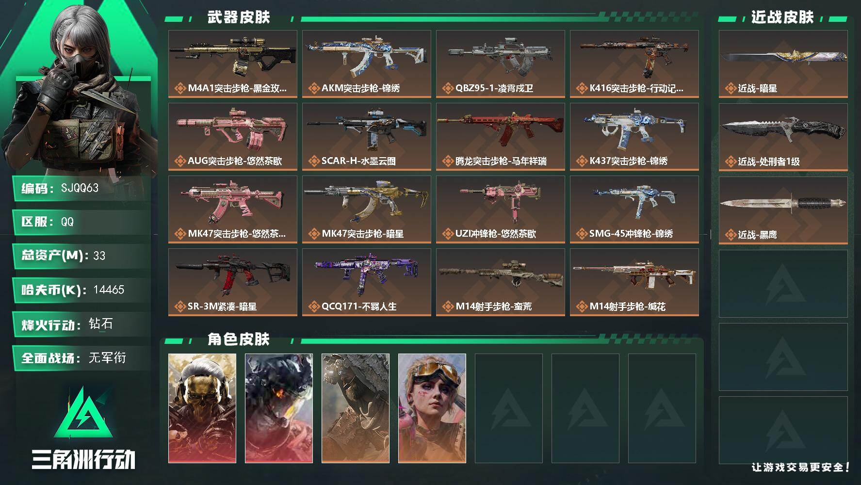 三角洲行动账号QQ【SJQQ63】总资产33M/哈夫币1446万/传说近战数1/传说枪皮数20/战场等级1/行动等级60/安全箱等时效性道具以游戏内数据为准，详情请看图/红狼-蚀金玫瑰/威龙-凌霄戍卫/乌鲁鲁-荒原猎