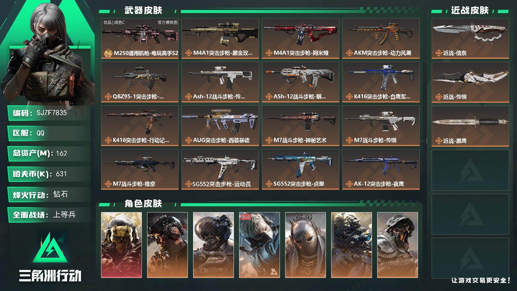 三角洲行动账号QQ【SJZF7835】总资产162M/哈夫币63万/传说近战数1/传说枪皮数53/战场等级50/行动等级60/安全箱等时效性道具以游戏内数据为准，详情请看图/红狼-蚀金玫瑰/威龙-铁面判官/威龙-壮志