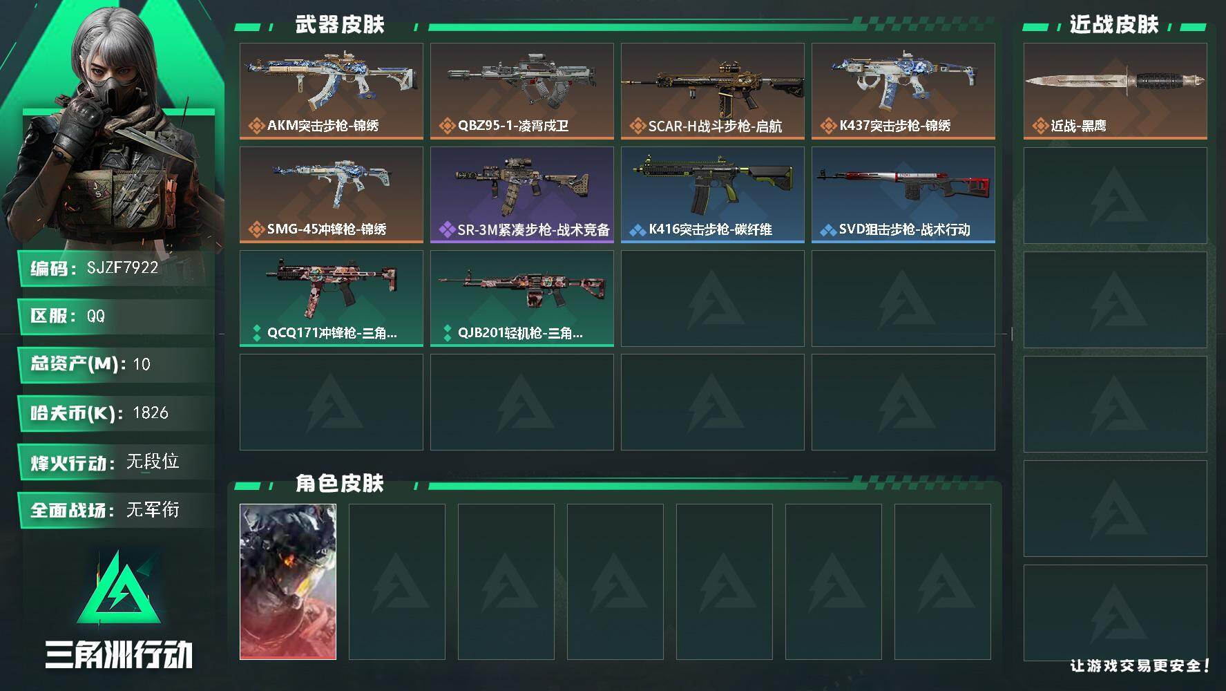 三角洲行动账号QQ【SJZF7922】总资产10M/哈夫币182万/传说枪皮数5/战场等级1/行动等级3/安全箱等时效性道具以游戏内数据为准，详情请看图/威龙-凌霄戍卫/近战-黑鹰/AKM突击步枪-锦绣/QBZ95-