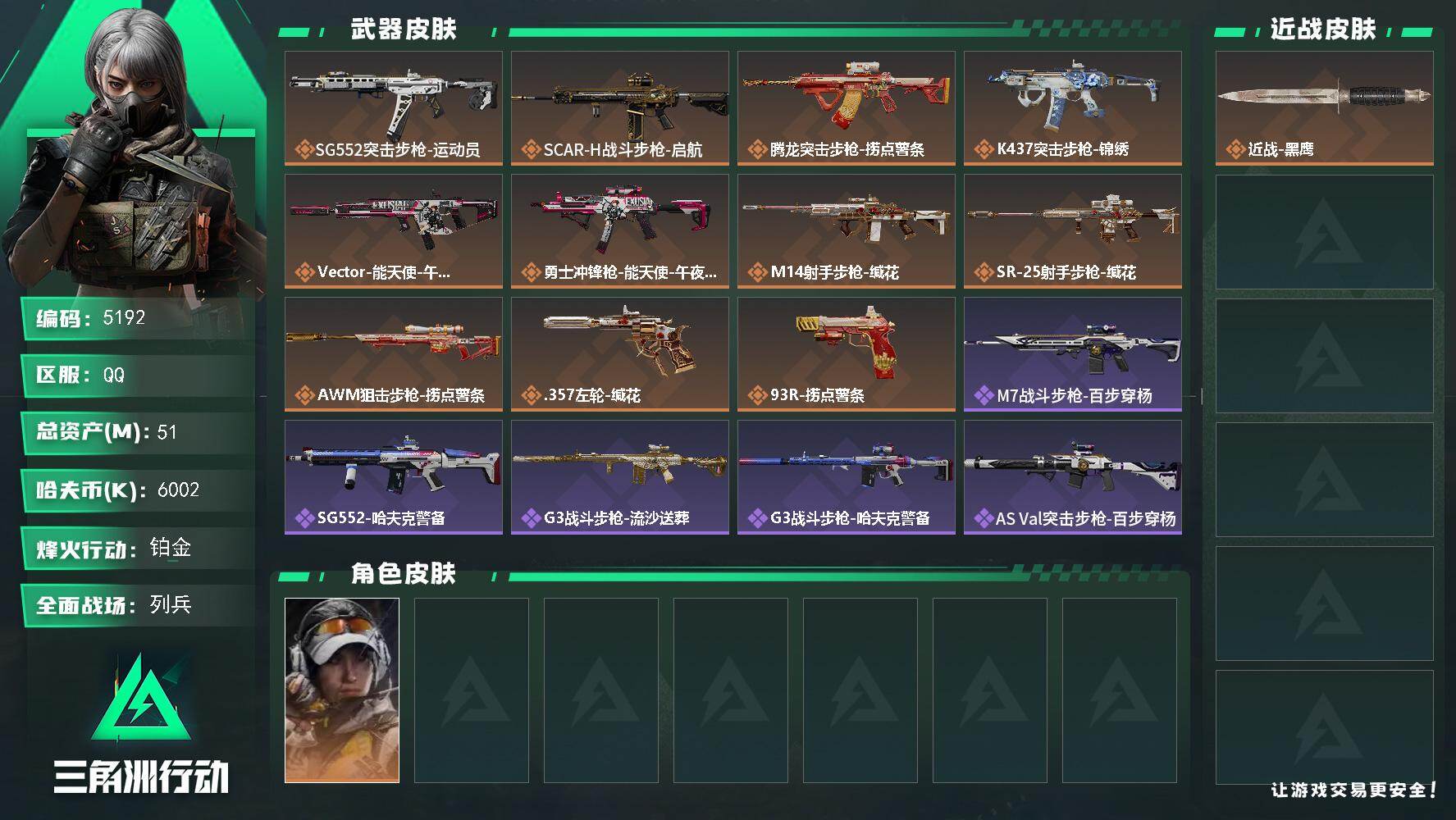 三角洲行动账号QQPX_2579189-51m总资产-6002k哈夫币-48烽火等级-铂金-8战场等级-列兵
【干员外观】：露娜-金牌射手
【近战皮肤】：近战-黑鹰
【传说外观】：SG552突击步枪-运动员，