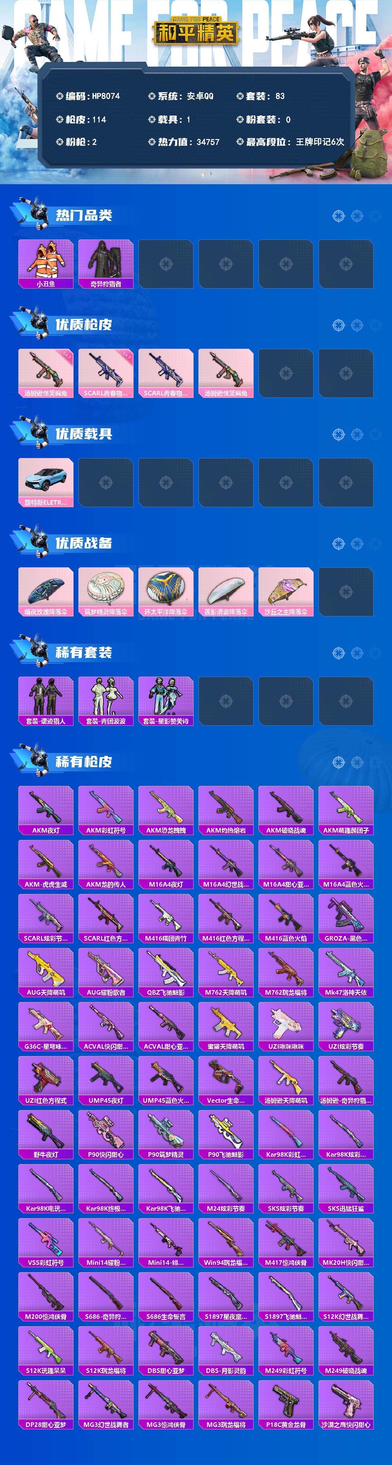 和平精英账号安卓QQ安卓 手Q-（2特效枪1载具）小丑鱼/奇异狩猎者/SCARL青春物语七级/汤姆逊-怪笑疯七级/路特斯蓝 没战神框HP8074-0粉色飞行器-34757热力值-6王牌印记-83套装-114枪皮
【热门品