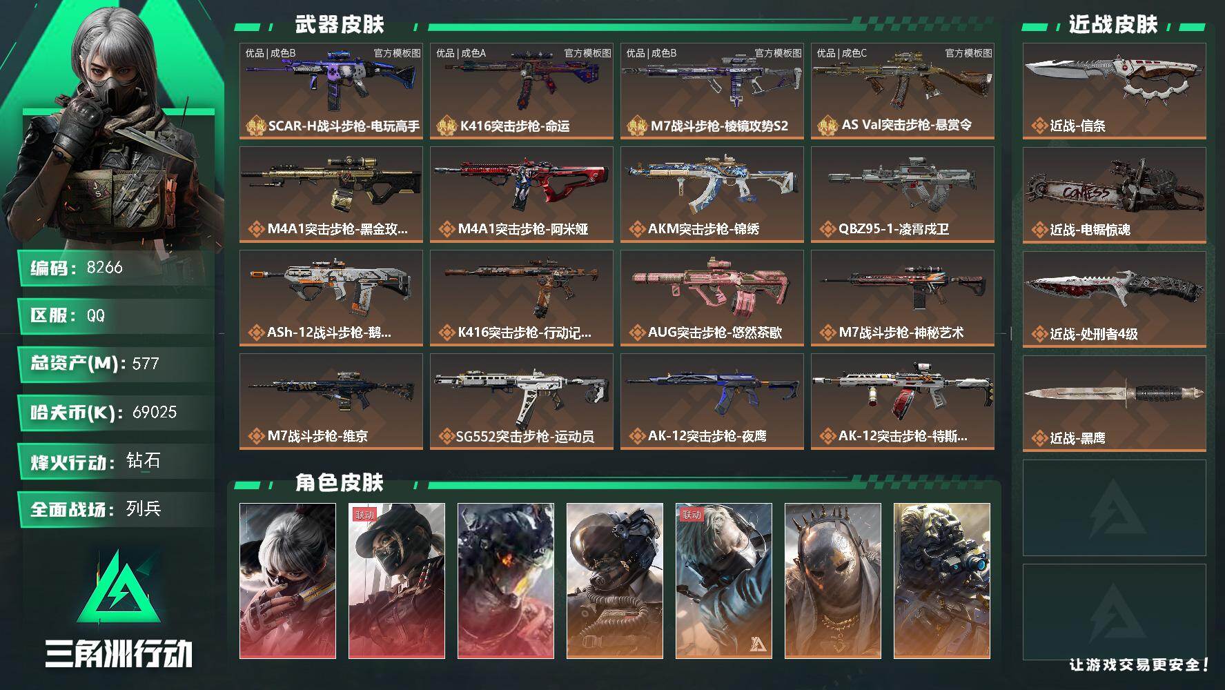 三角洲行动账号QQ总资产577M/哈夫币6902万/传说近战数1/传说枪皮数55/战场等级37/行动等级60/安全箱等时效性道具以游戏内数据为准，详情请看图/骇爪-水墨云图/露娜-黑·天际线/威龙-凌霄戍卫/威龙-壮志