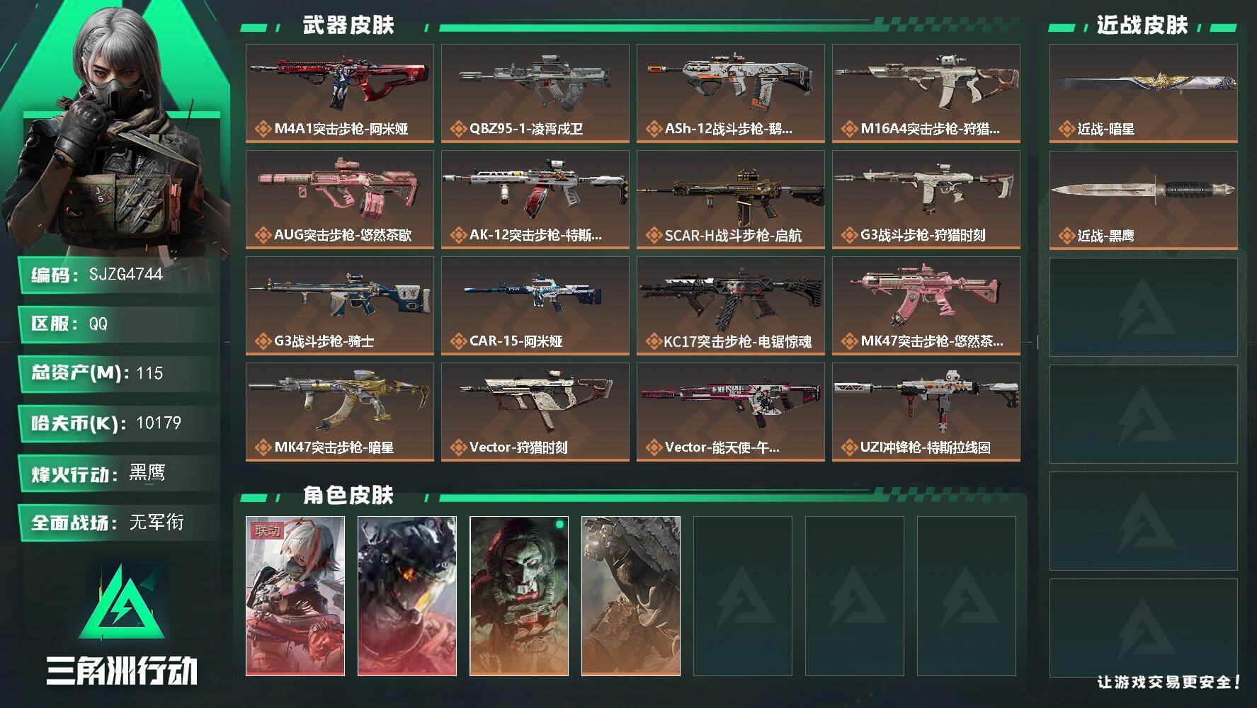 三角洲行动账号QQ【SJZG4744】总资产115M/哈夫币1017万/传说近战数1/传说枪皮数29/战场等级1/行动等级60/安全箱等时效性道具以游戏内数据为准，详情请看图/骇爪-维什戴尔/威龙-凌霄戍卫/红狼-电锯